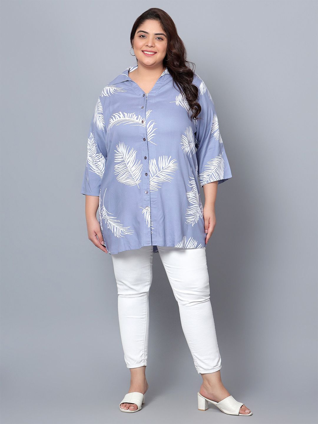 Blue Leaf Print Plus Size Shirt — view 6