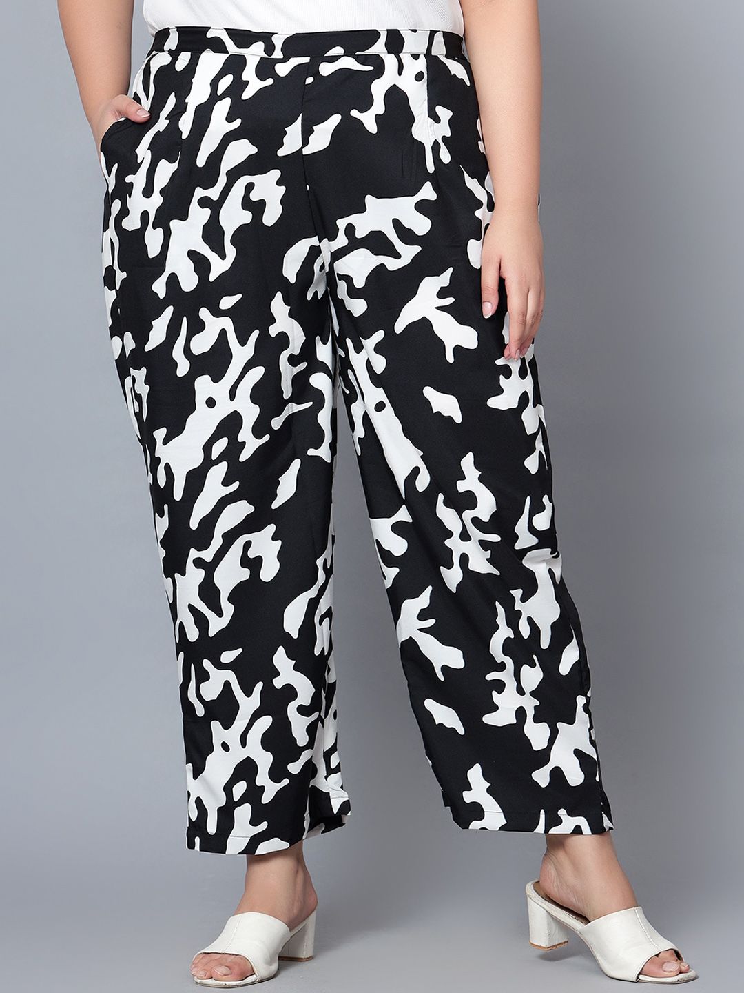 Black and White Abstract Plus Size Trousers — view 1