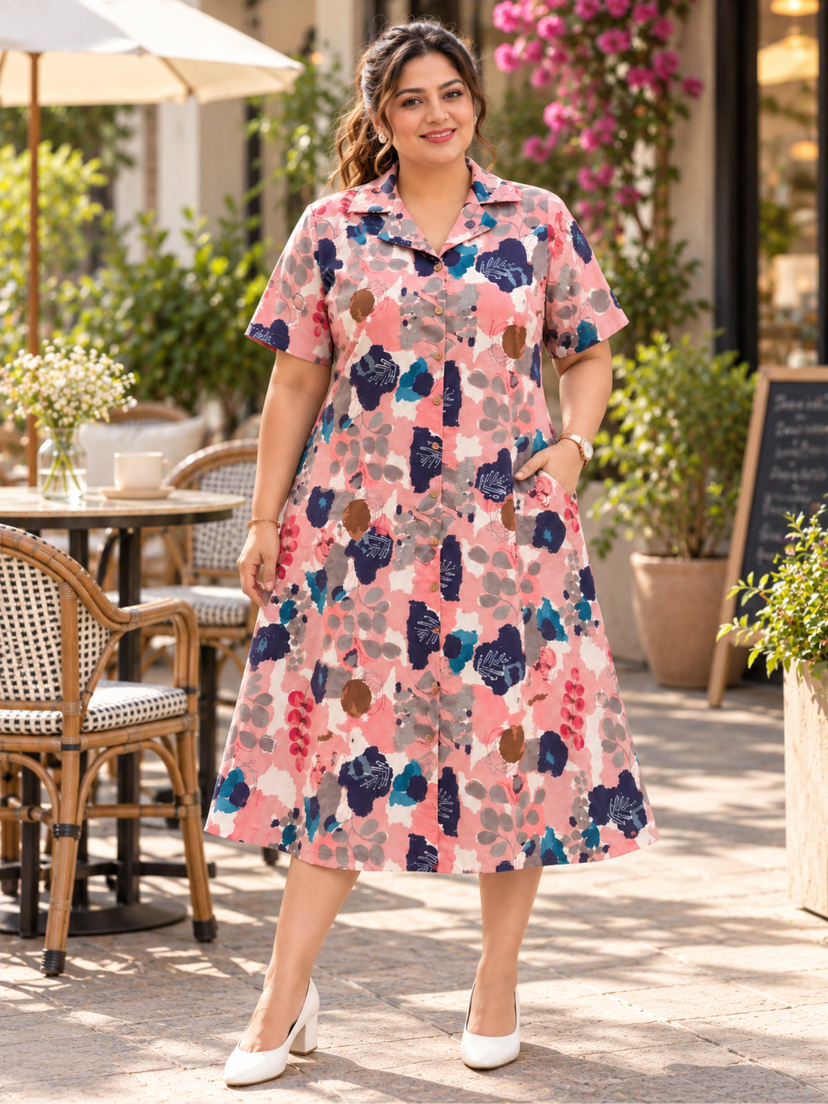 Pink Abstract Print Midi Sleeve Dress