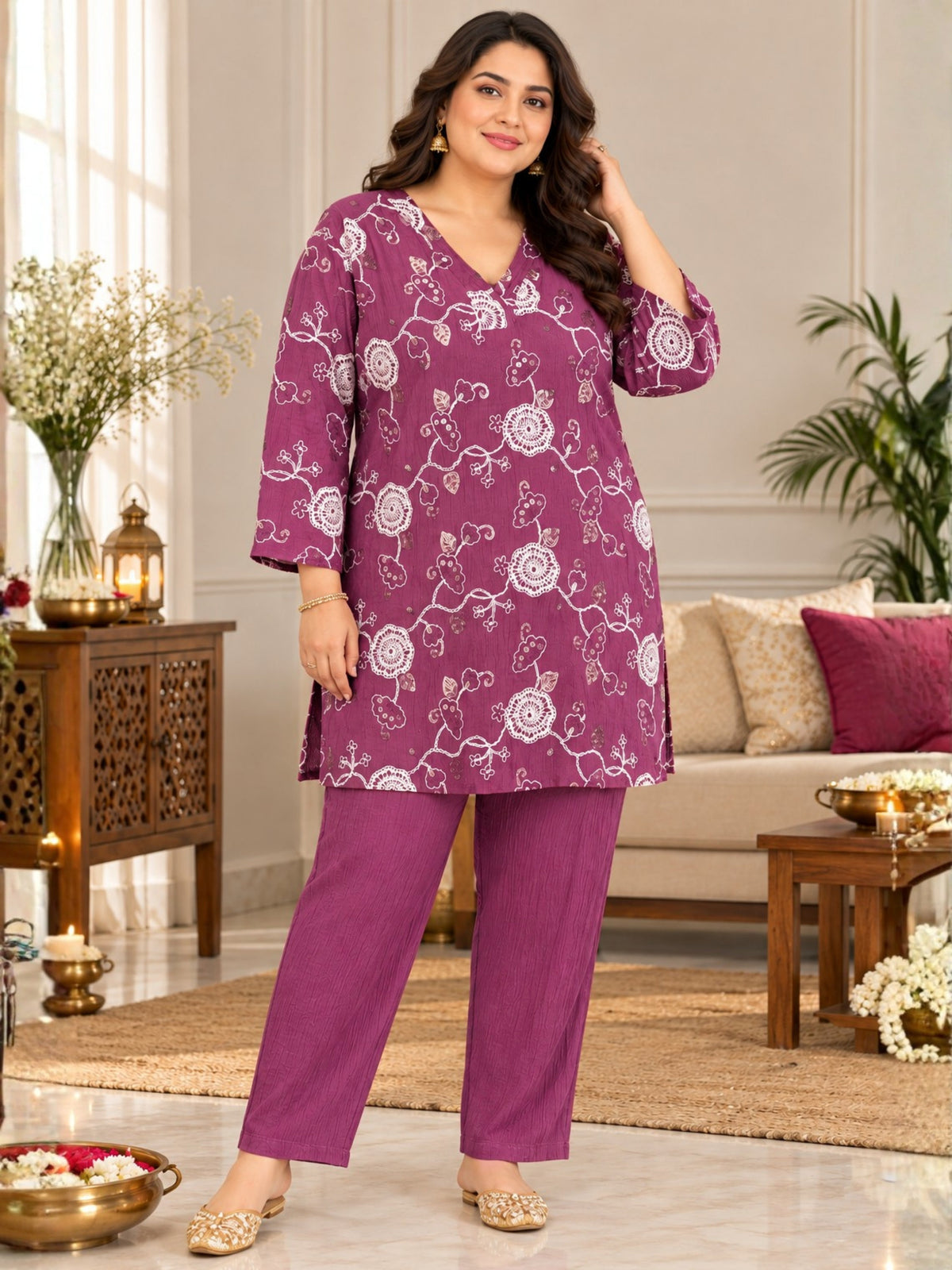 Purple Embroidered Plus Size Co Ord Set