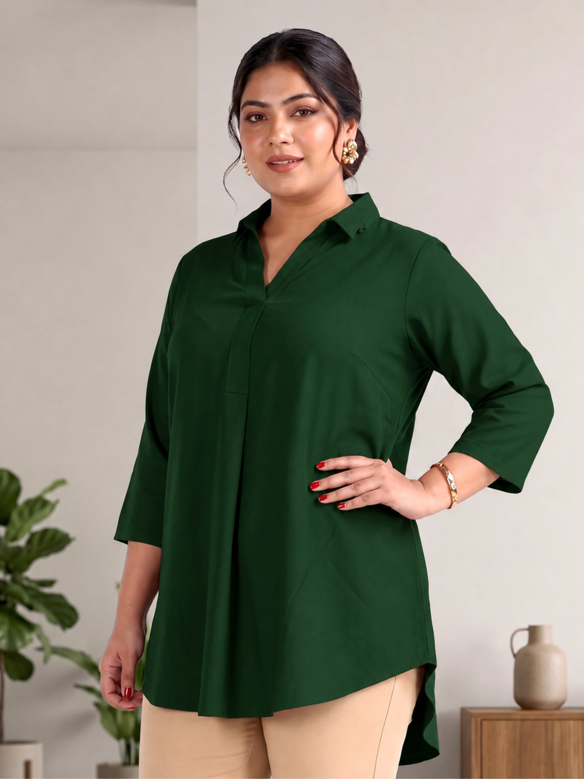 Dark Green Rayon Centrepleat Longline Tunic