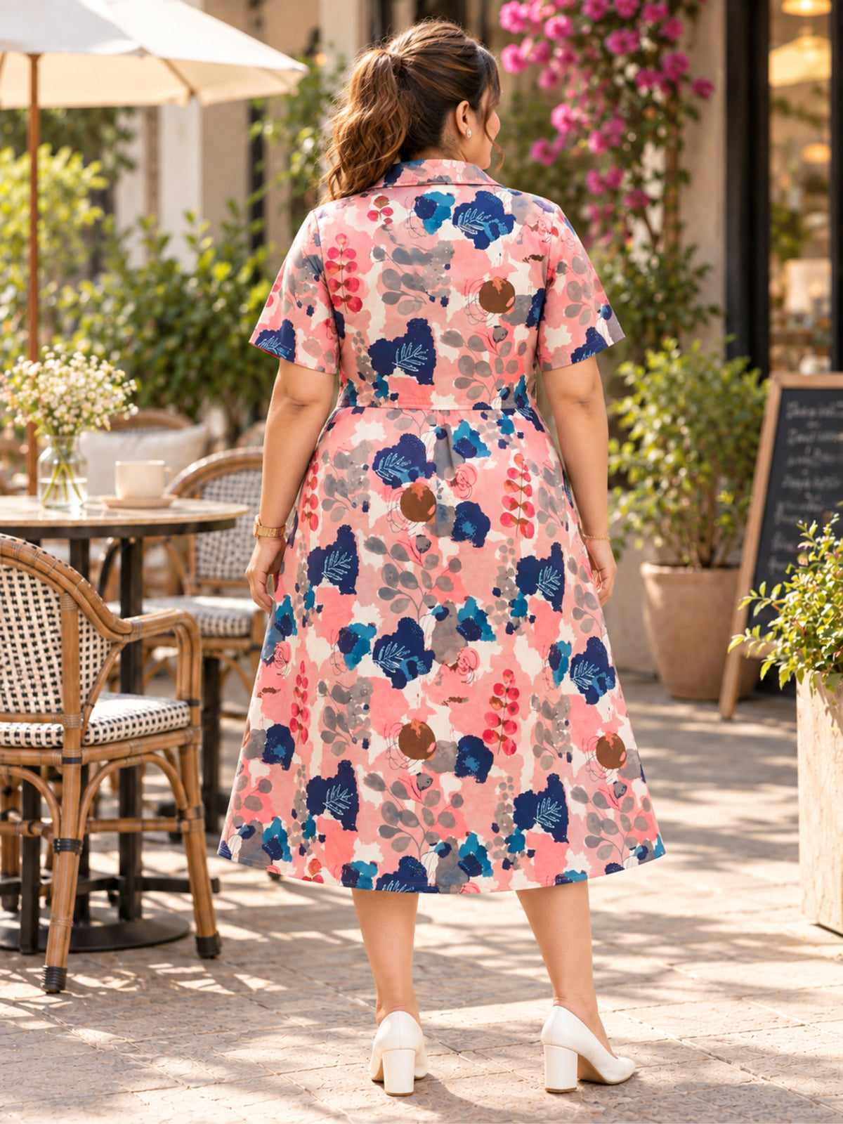 Pink Abstract Print Midi Sleeve Dress