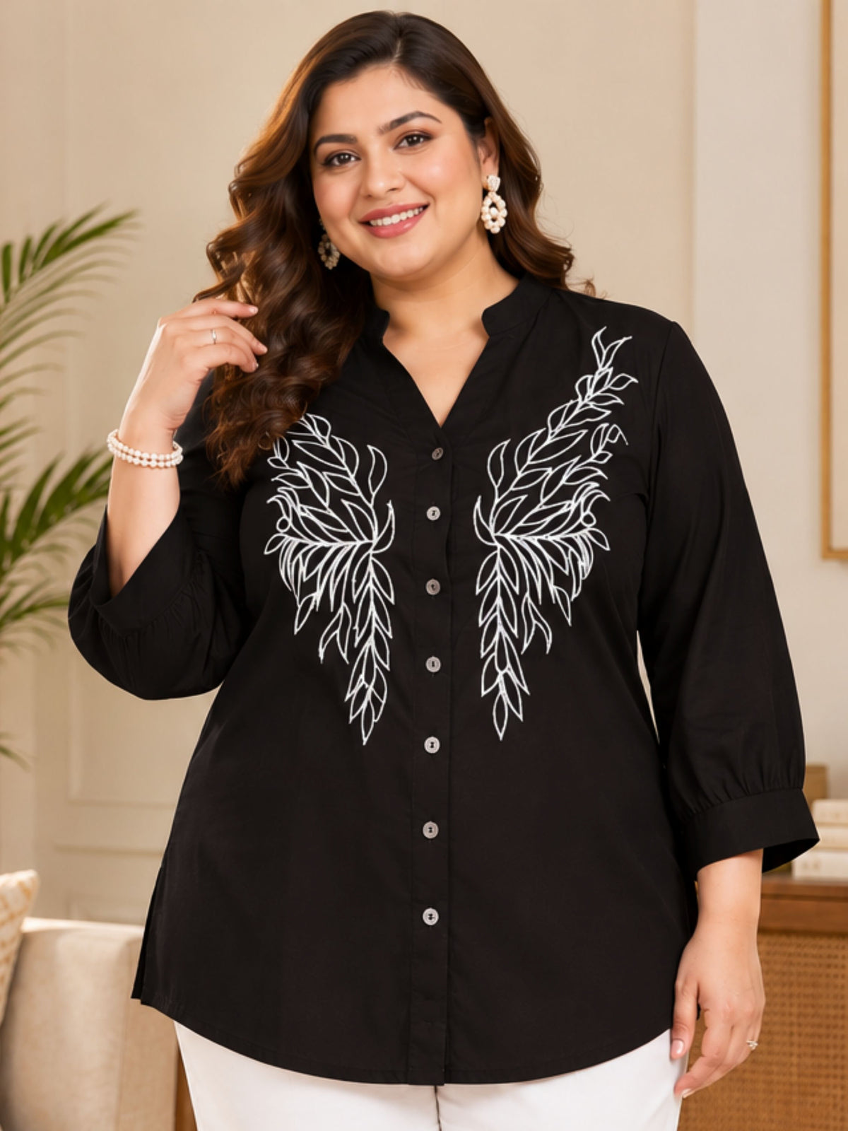 Black Embroidered Plus Size Longline Shirt