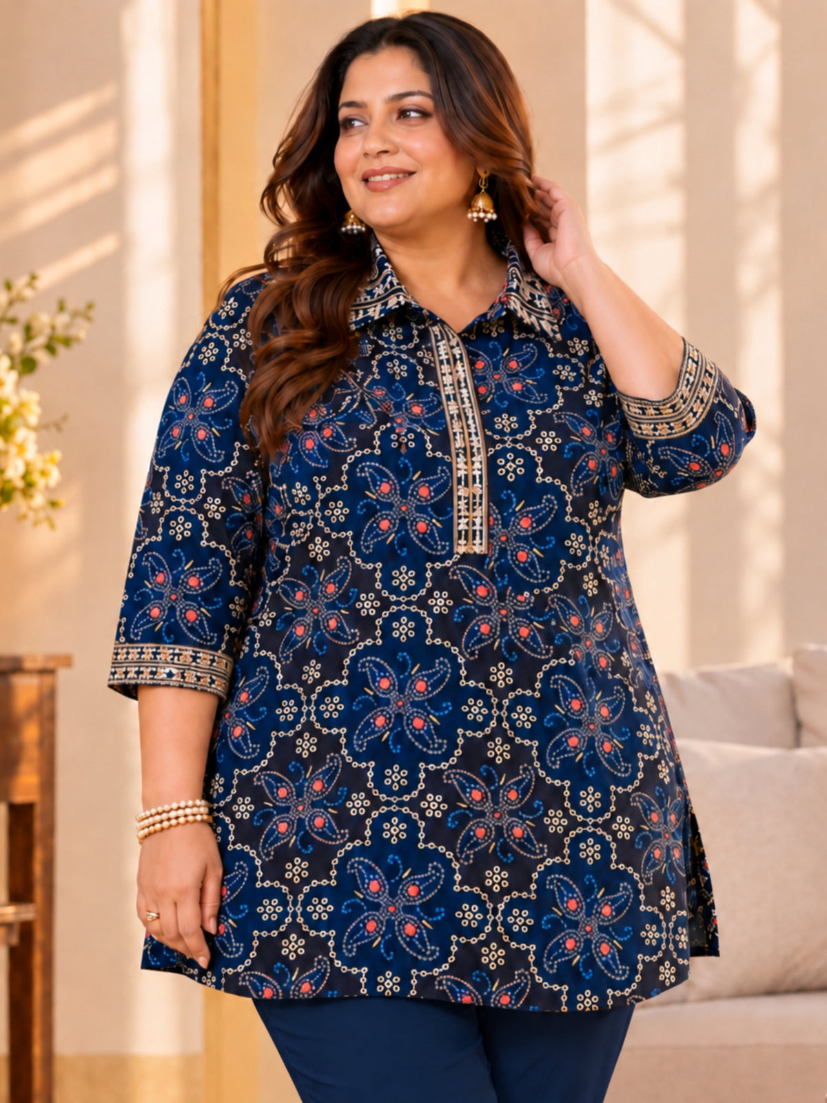 Blue Embroidered Festive Printed Tunic