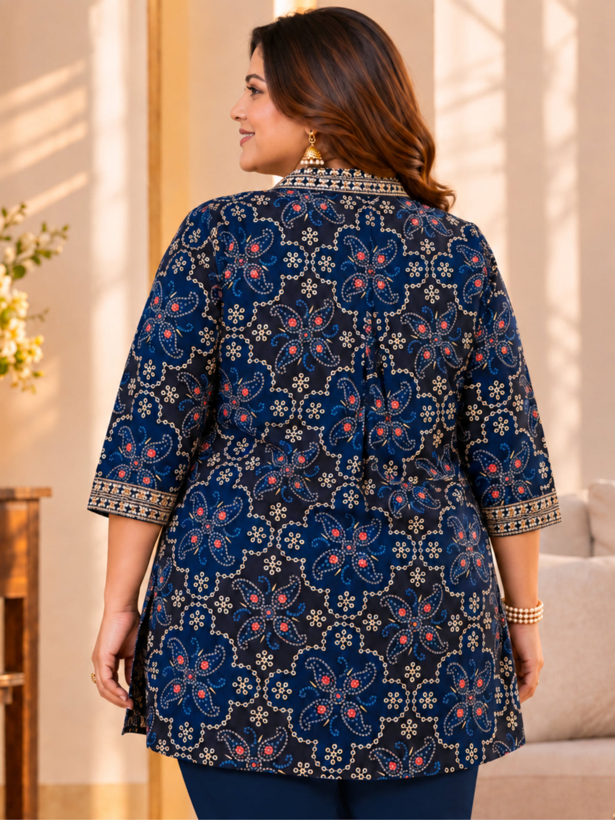 Blue Embroidered Festive Printed Tunic
