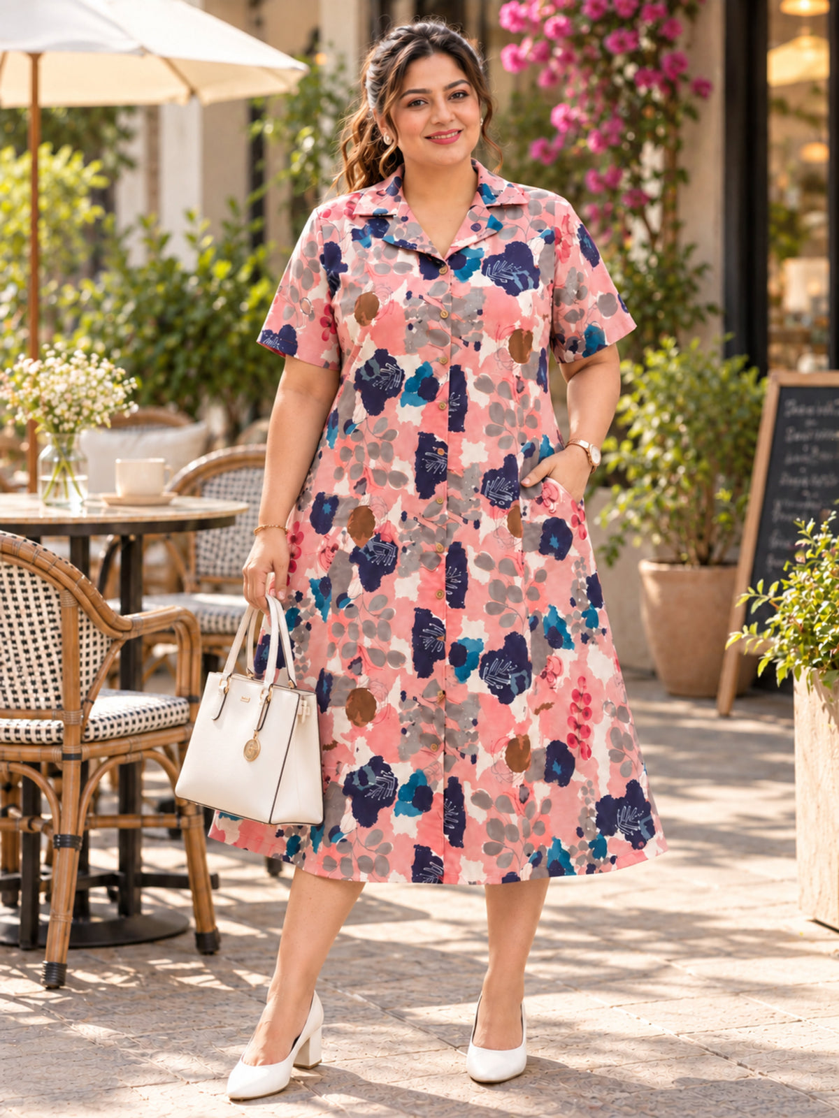 Pink Abstract Print Midi Sleeve Dress