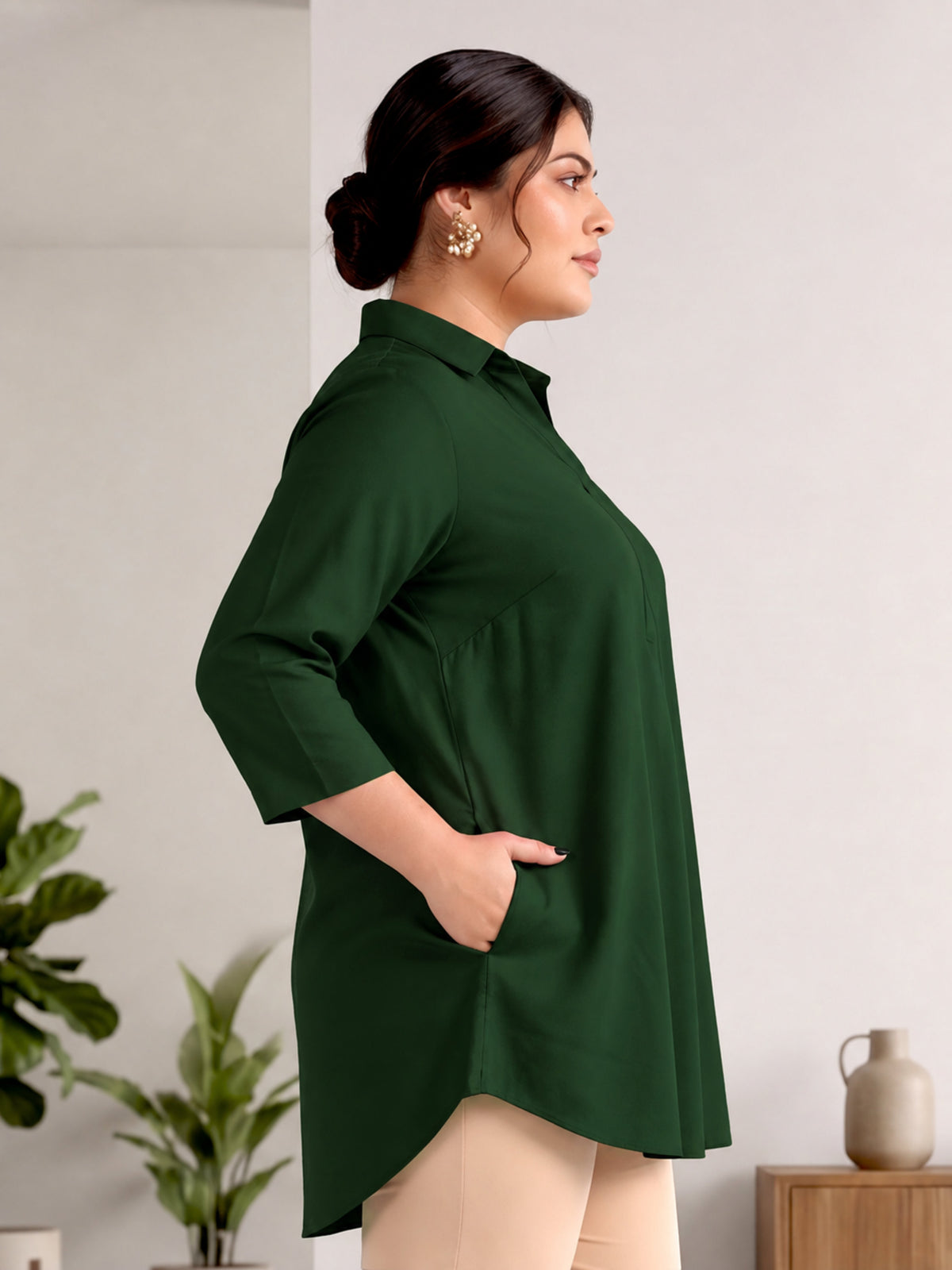 Dark Green Rayon Centrepleat Longline Tunic