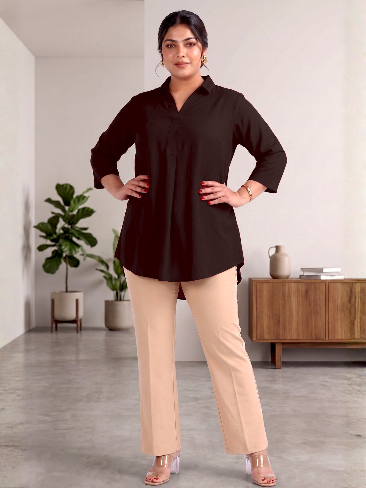 Brown Rayon Centrepleat Longline Tunic
