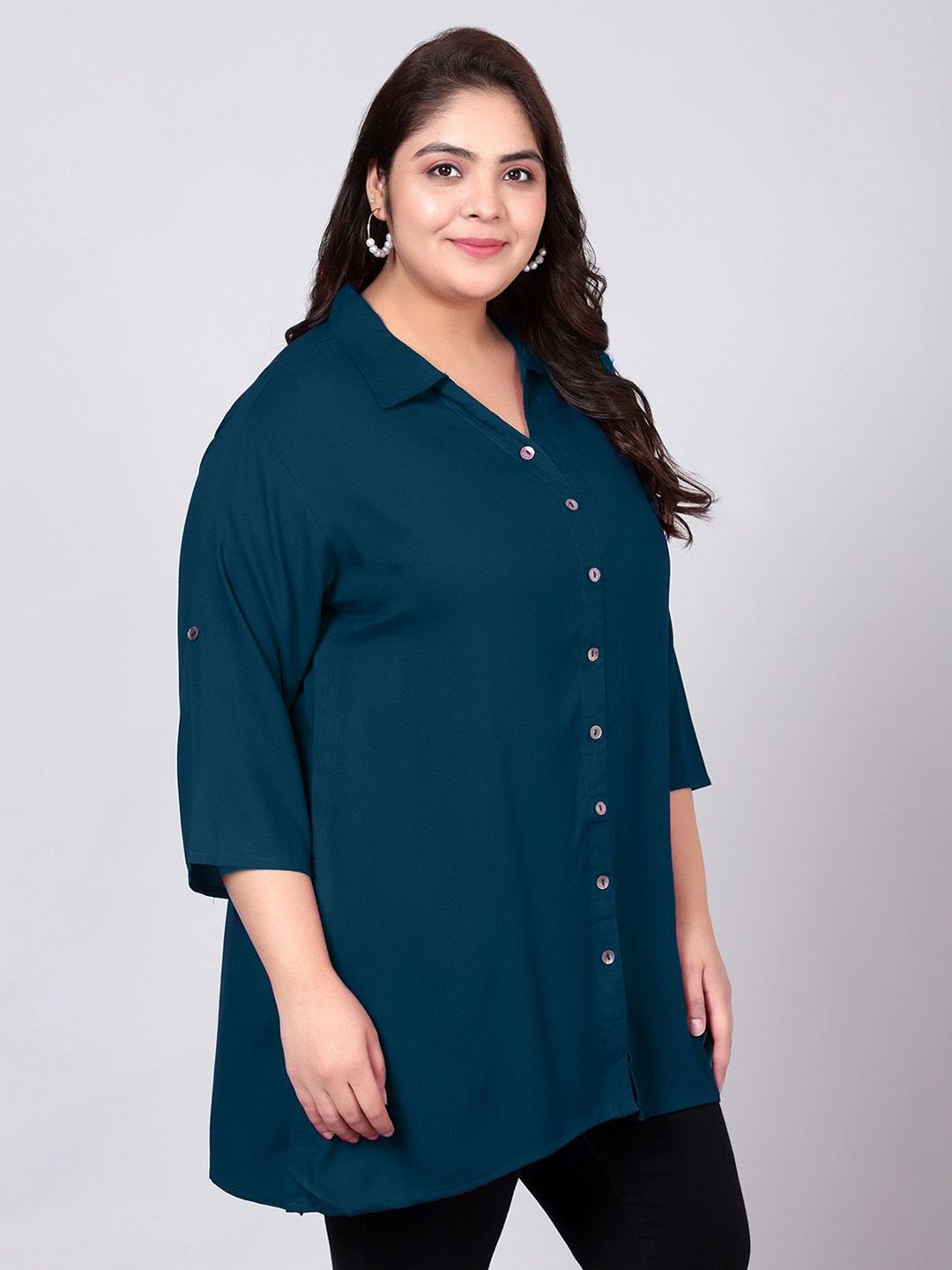 Peacock Blue Longline Plus Size Shirt — view 3