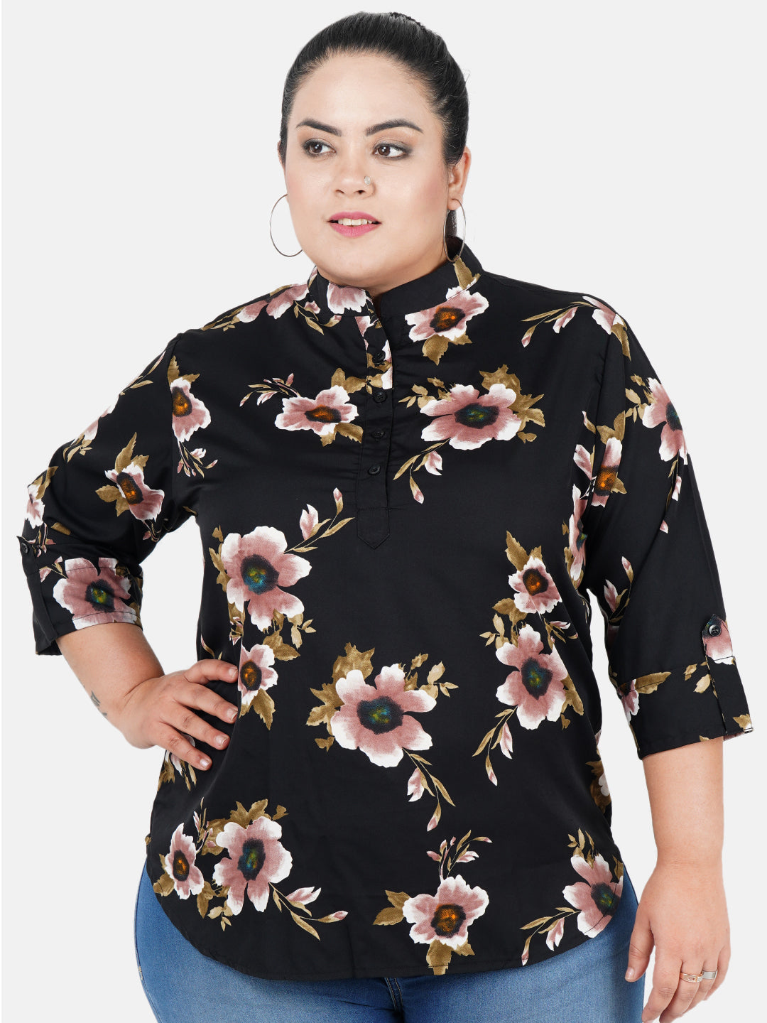 Black Floral Print Plus Size Tunic