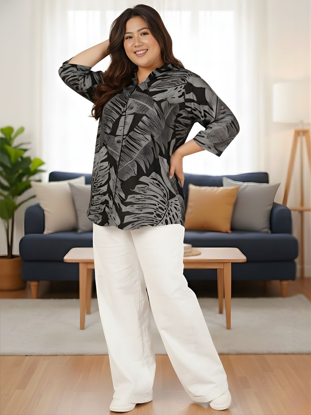 Black Leaf Print Plus Size Shirt — view 7