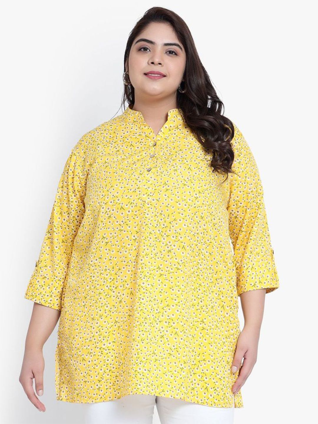 Yellow Floral Print Plus Size Tunic — view 1