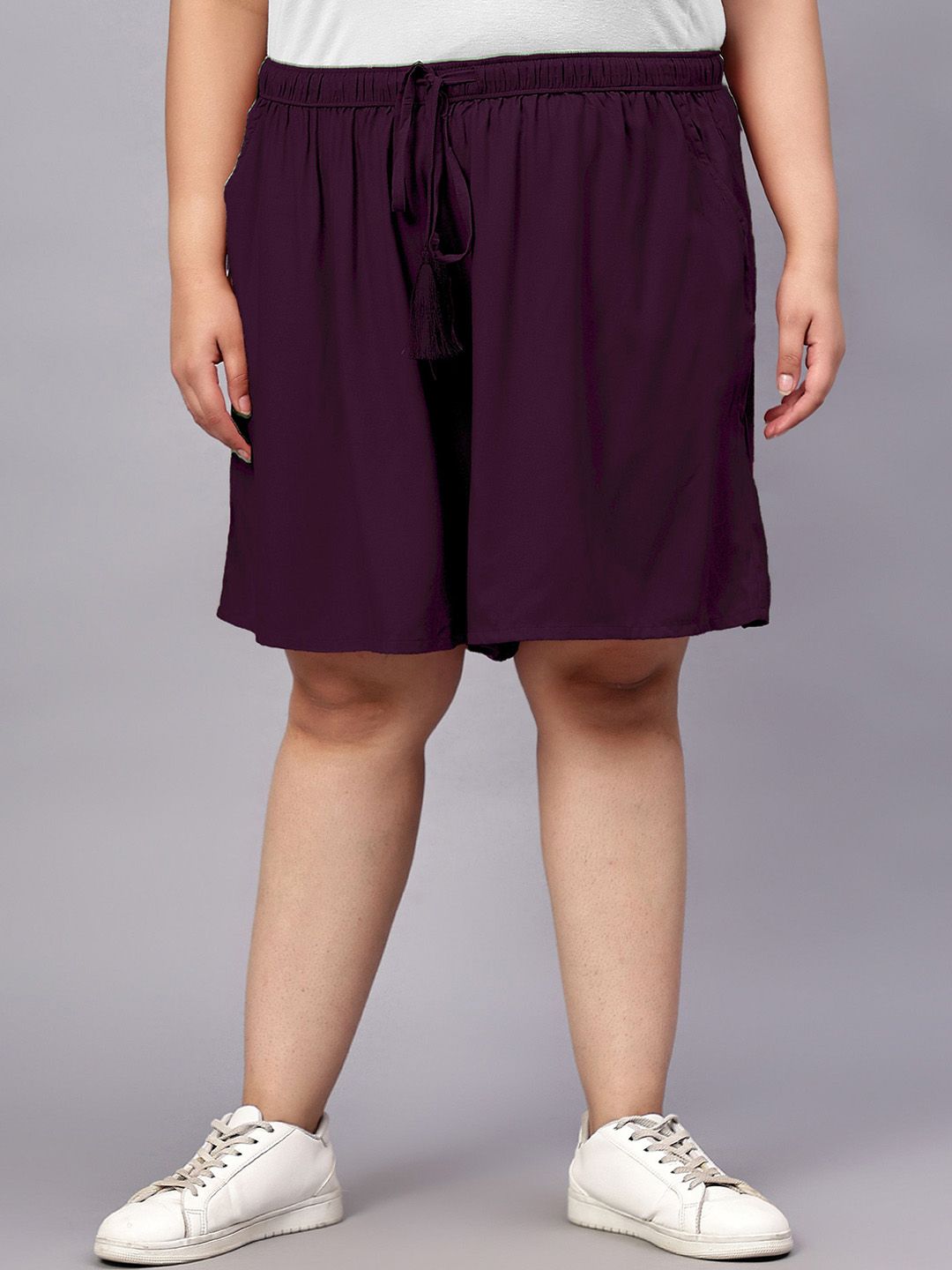 Purple Solid Plus Size Flared Shorts — view 1