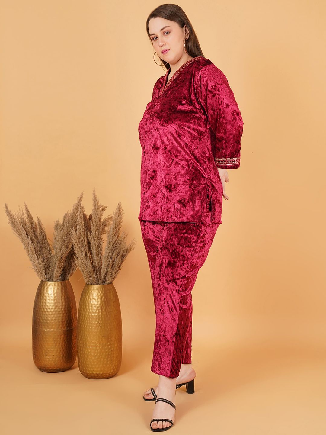 Maroon Velvet Plus Size Co Ord Set — view 4
