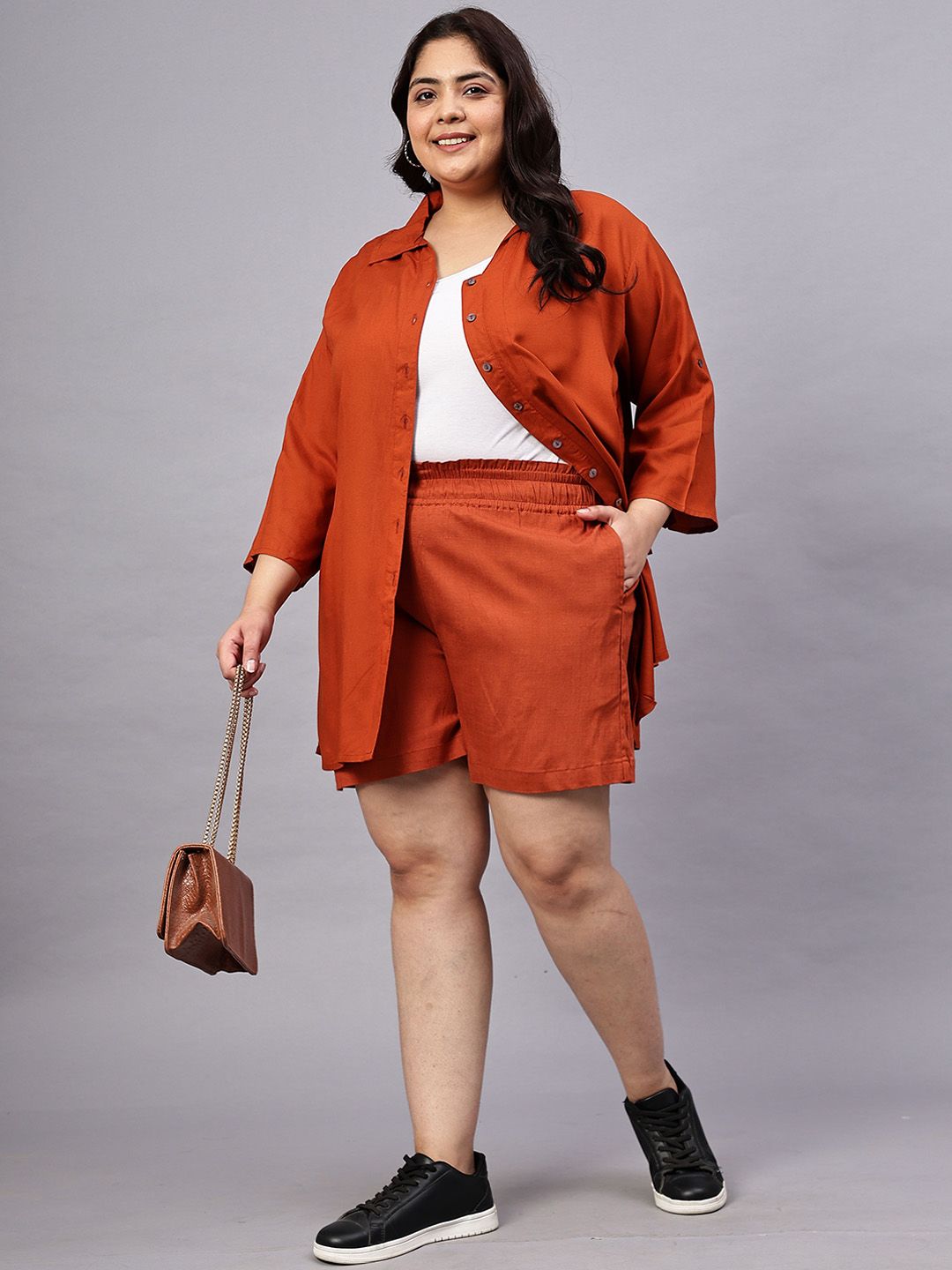 Rust Orange Solid Shirt And Short Set — view 7