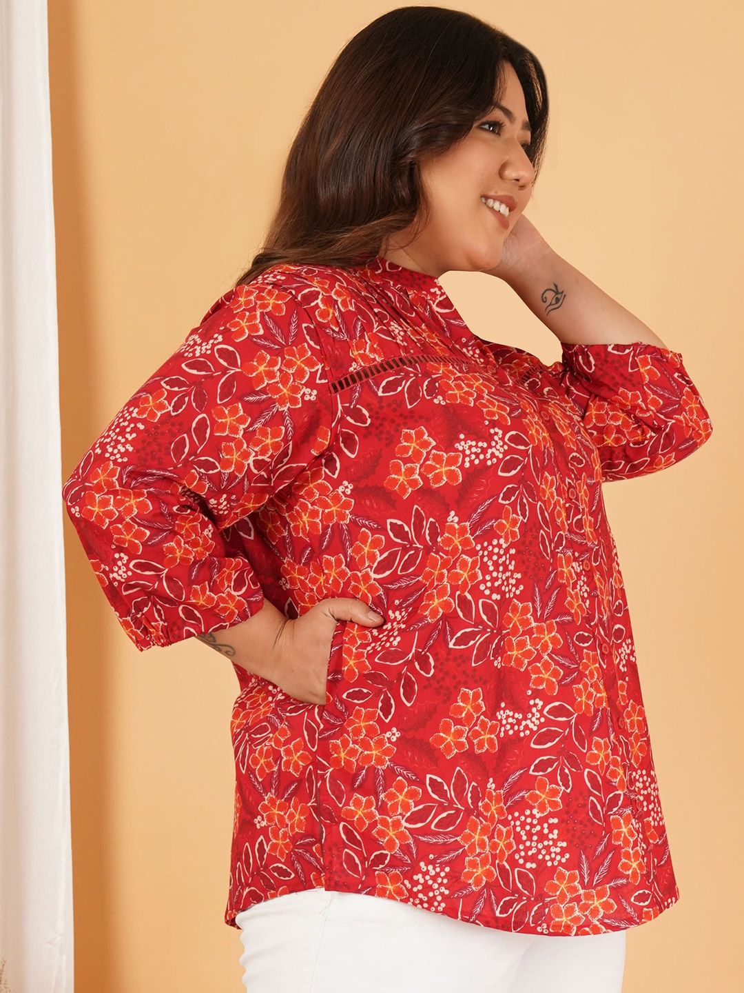 Red Floral Print Plus Size Lace Shirt — view 3