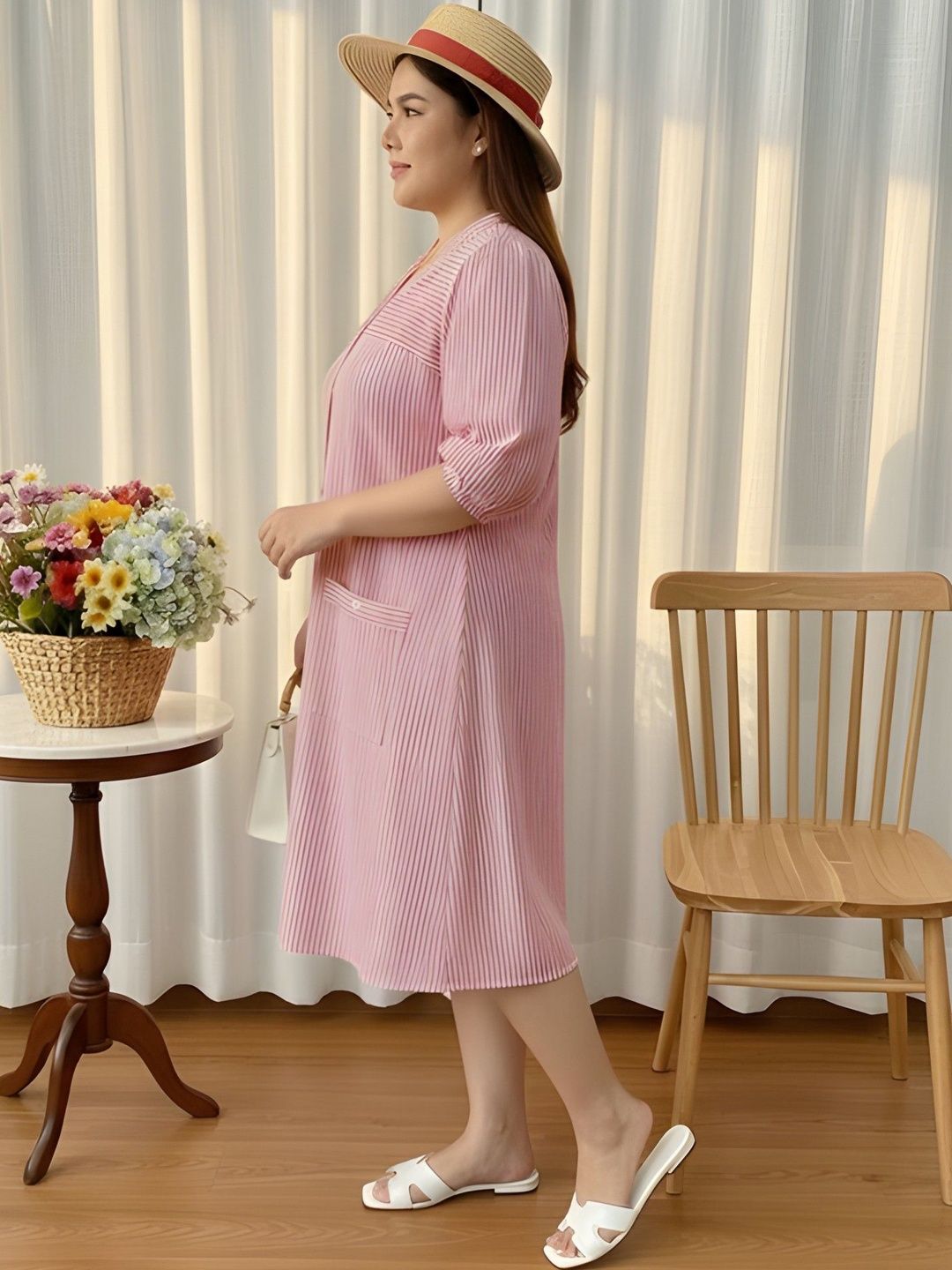 Pink Stripe Print Linen Midi Dress — view 6
