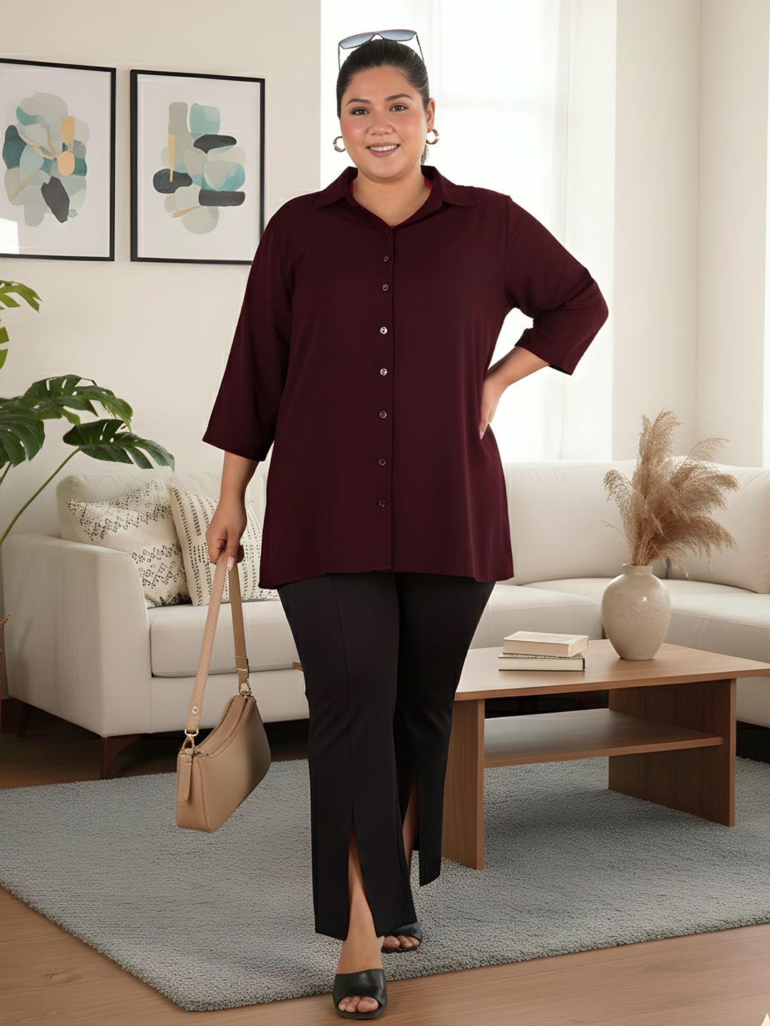 Brown Longline Plus Size Shirt — view 7