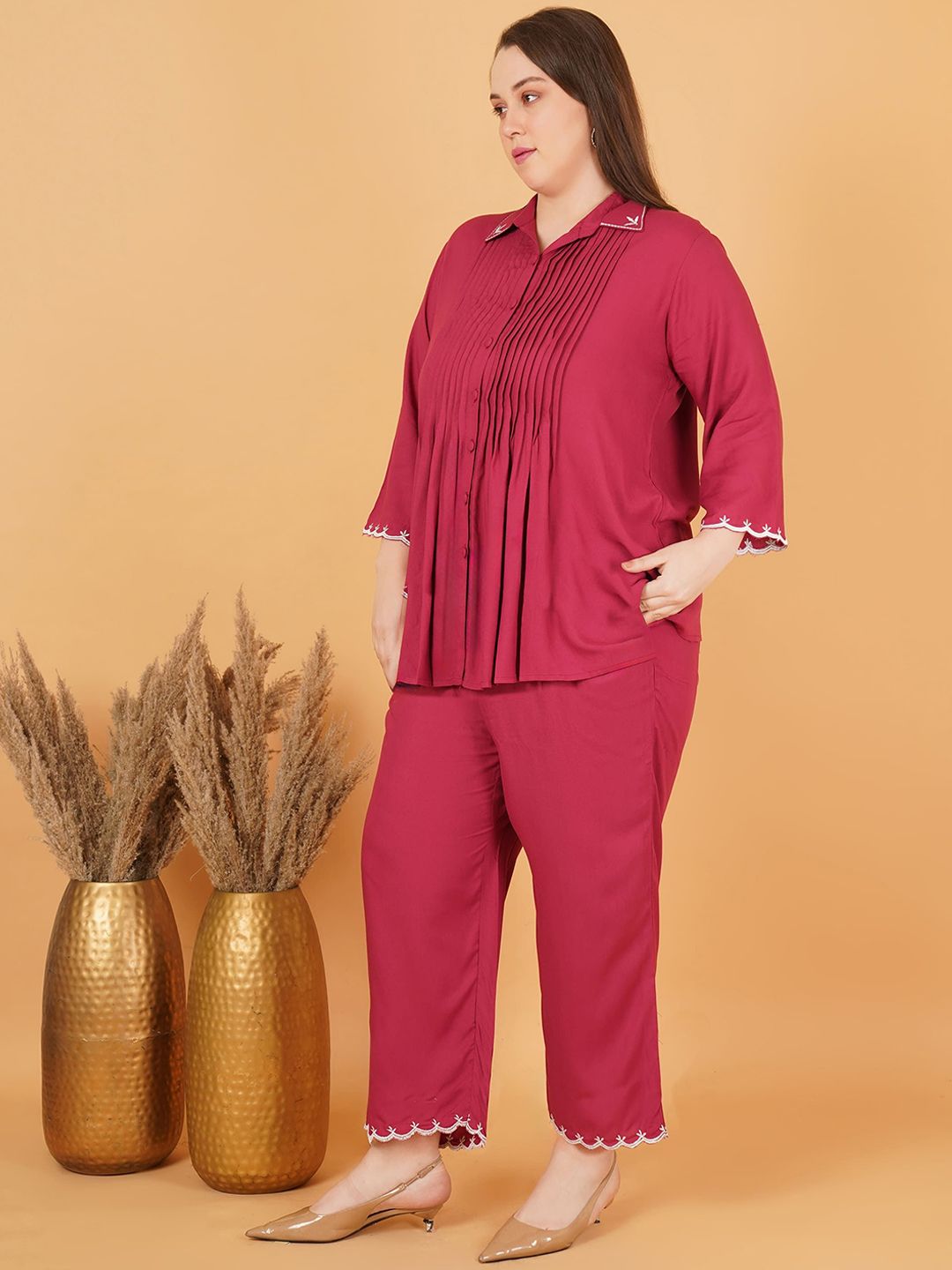 Red Rayon Collar Embroidered Co Ord Set — view 4