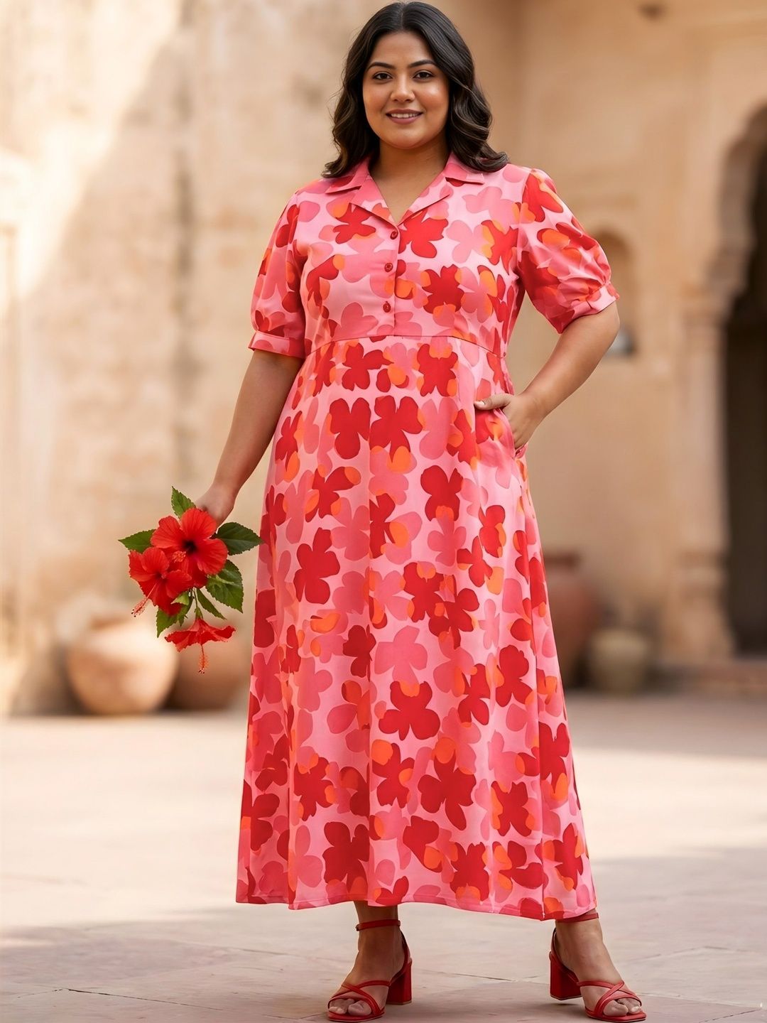 Red and Orange Floral Print Plus Size Dress — view 5