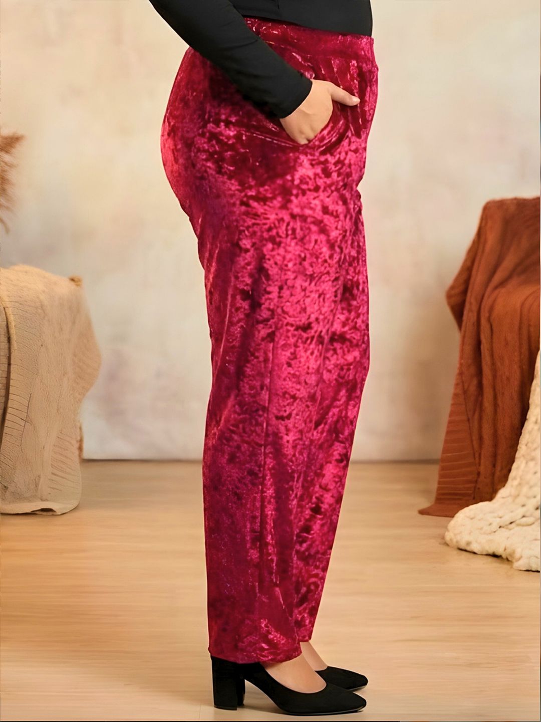Maroon Velvet Plus Size Trousers — view 2