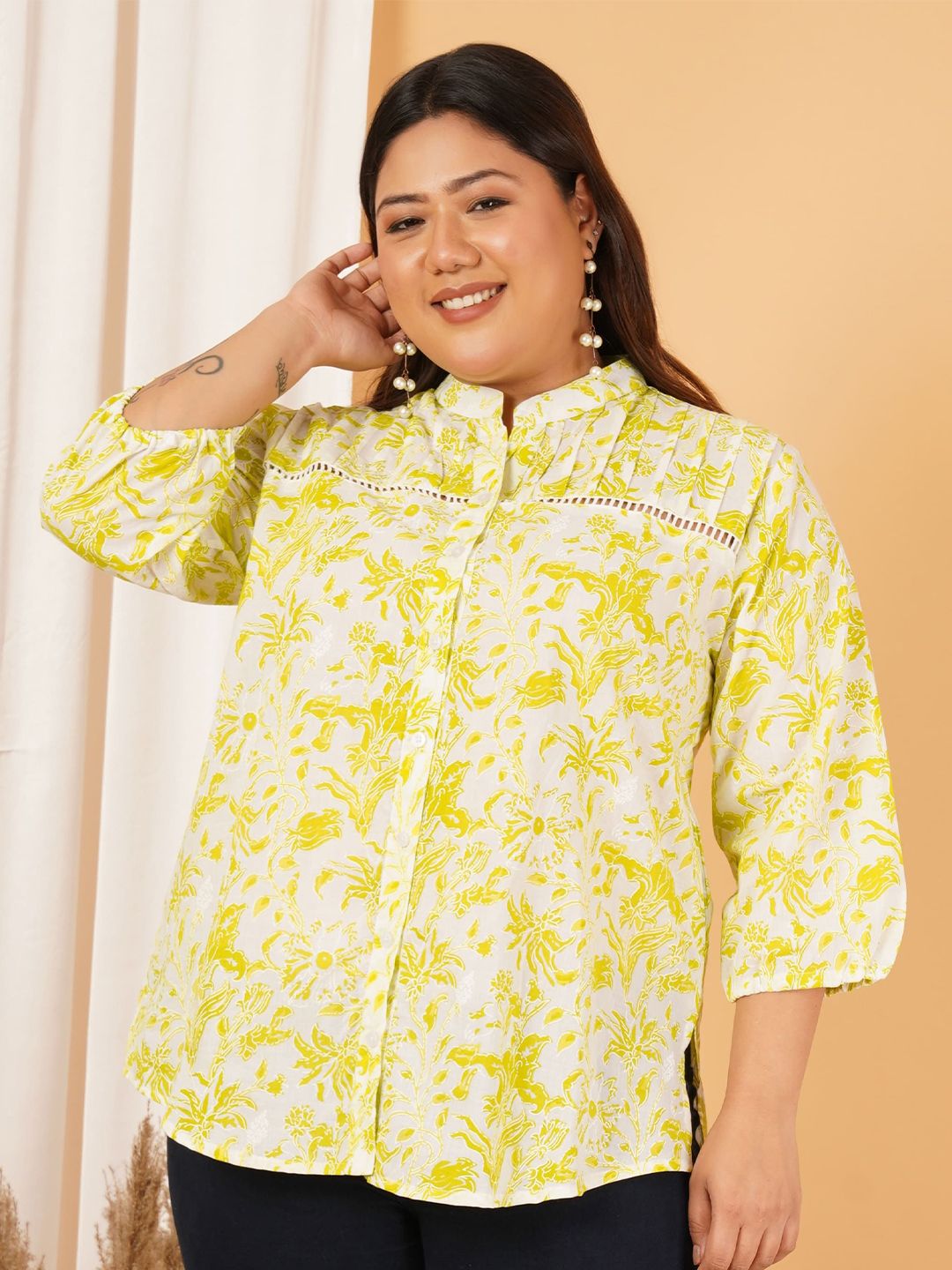 Yellow Print Plus Size Lace Shirt — view 1