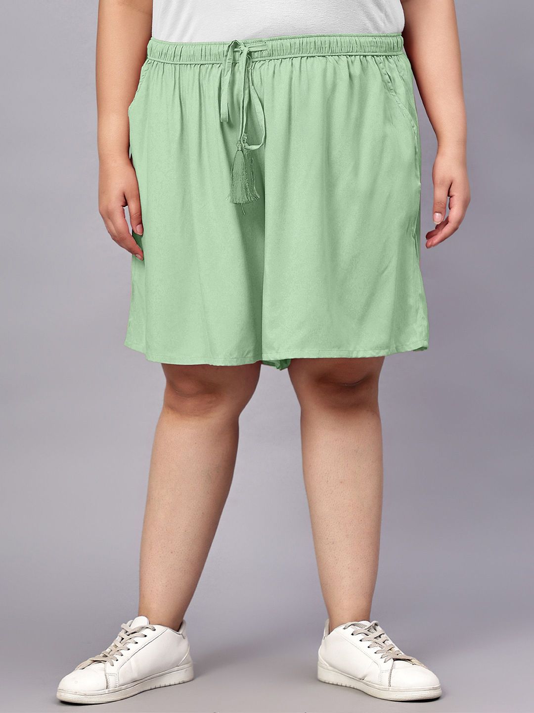 Green Solid Plus Size Flared Shorts — view 1
