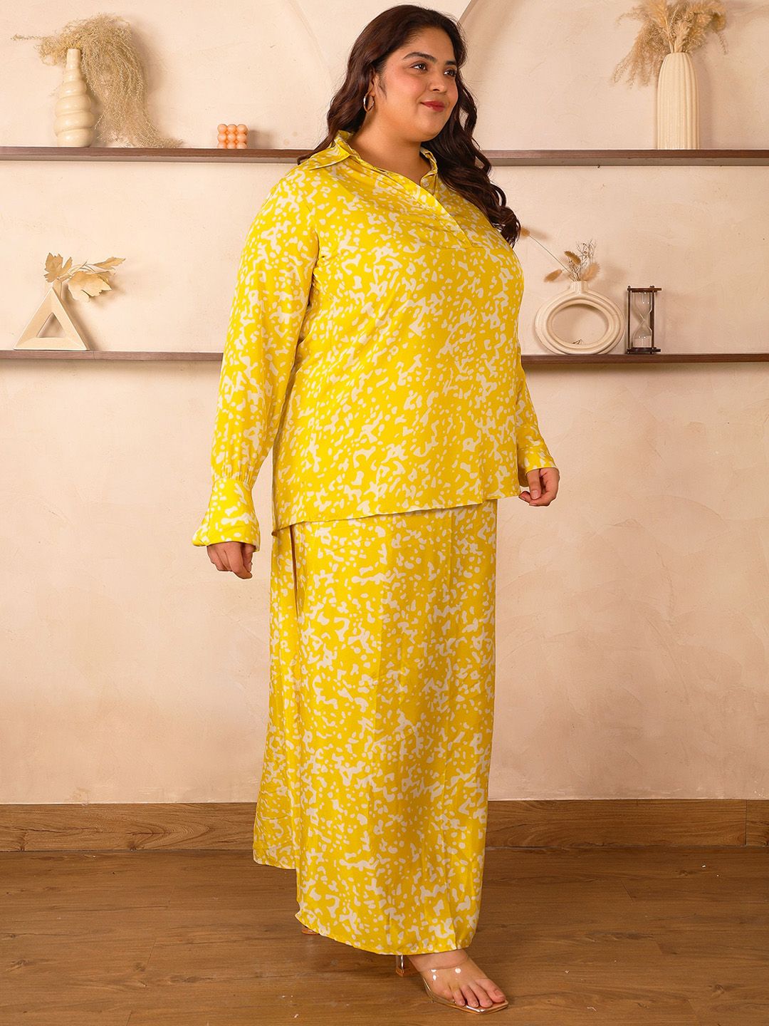Yellow Satin Print Plus Size Co Ord Set — view 3