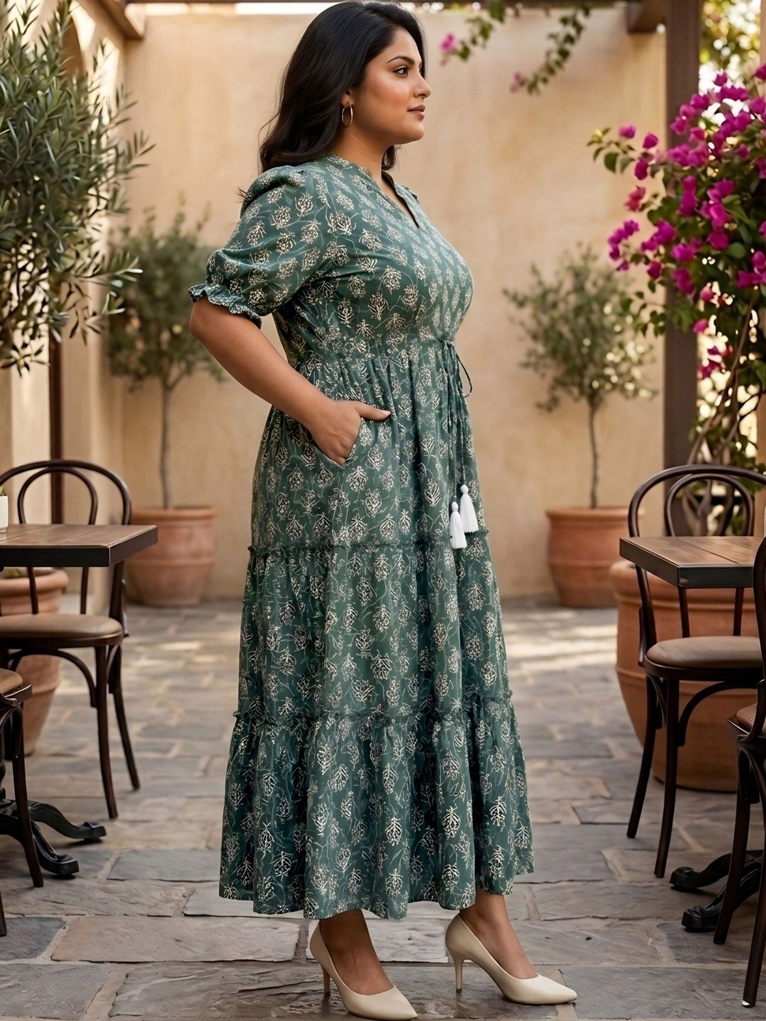 Green Floral Tiered Plus Size Dress — view 3