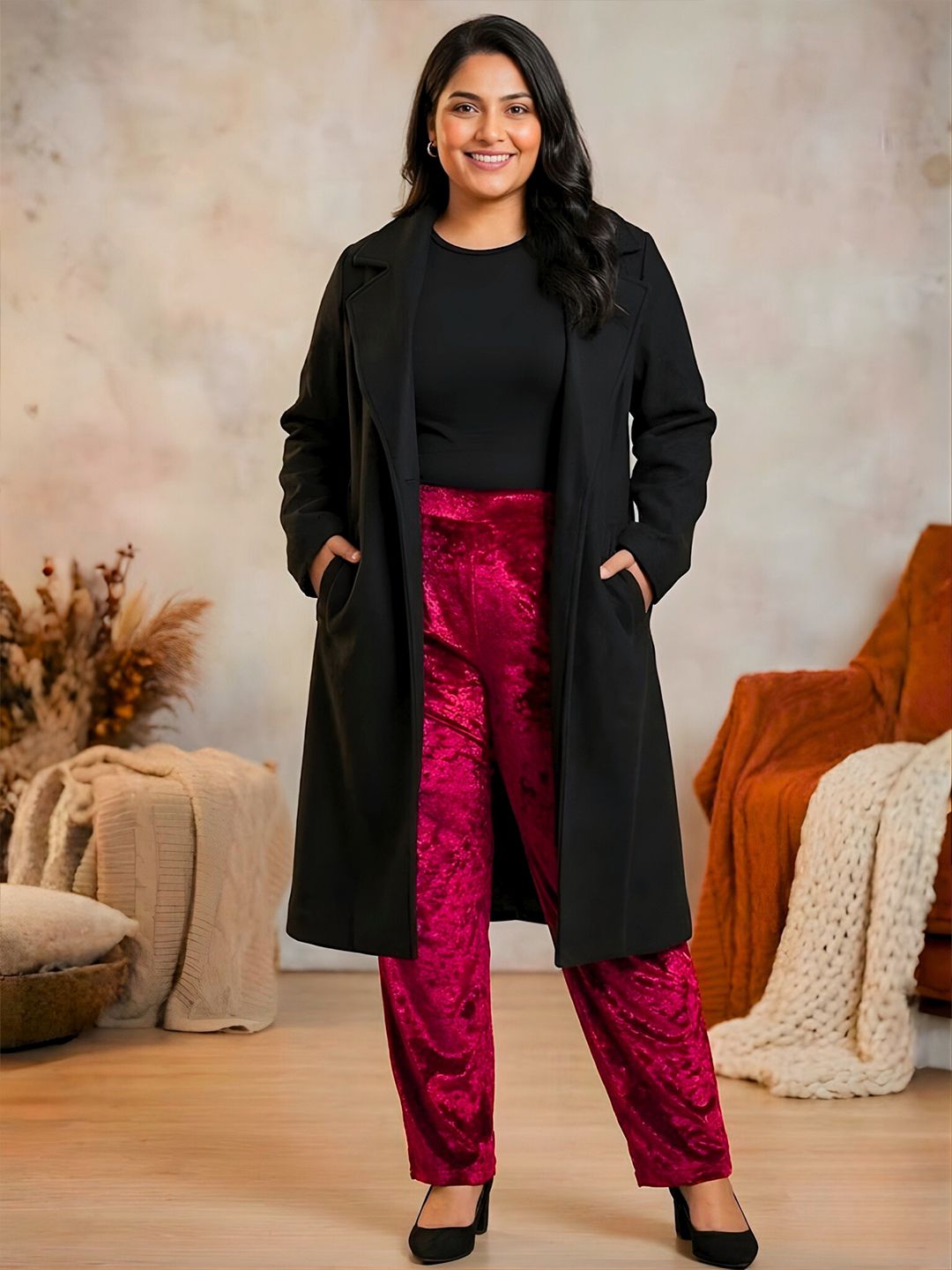Maroon Velvet Plus Size Trousers — view 5