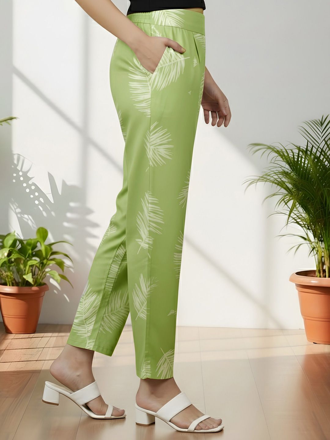 Green Leaf Print Trousers — view 2