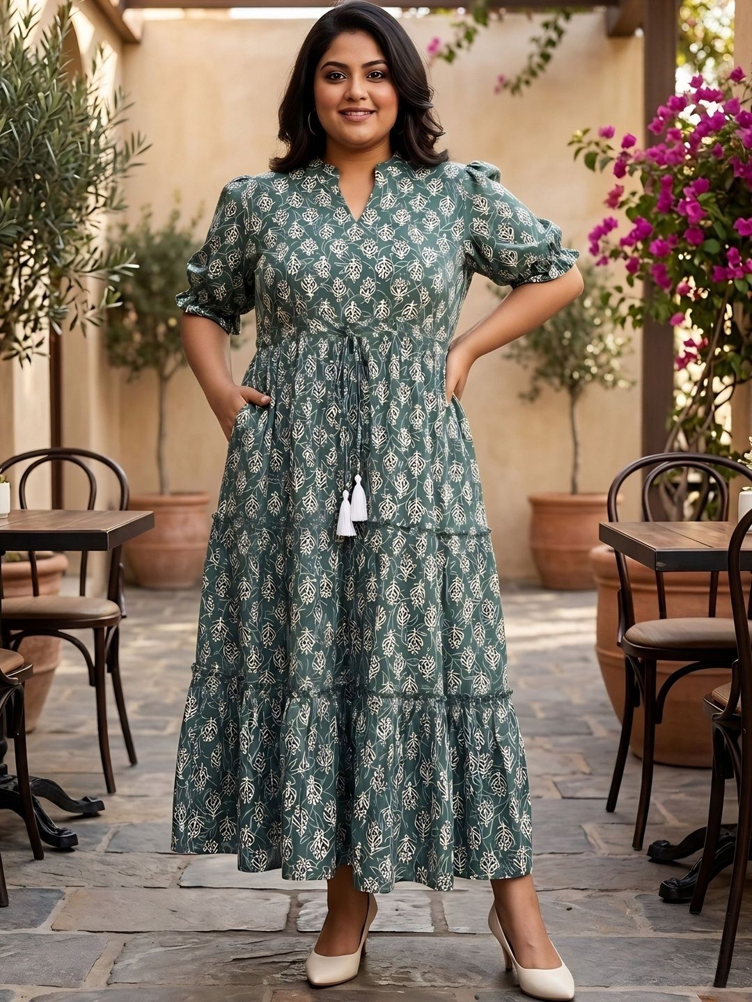 Green Floral Tiered Plus Size Dress — view 1