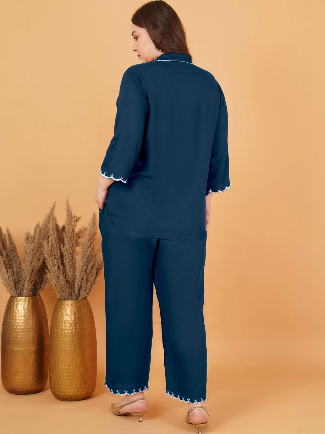 Peacock Blue Rayon Collar Embroidered Co Ord Set — view 2