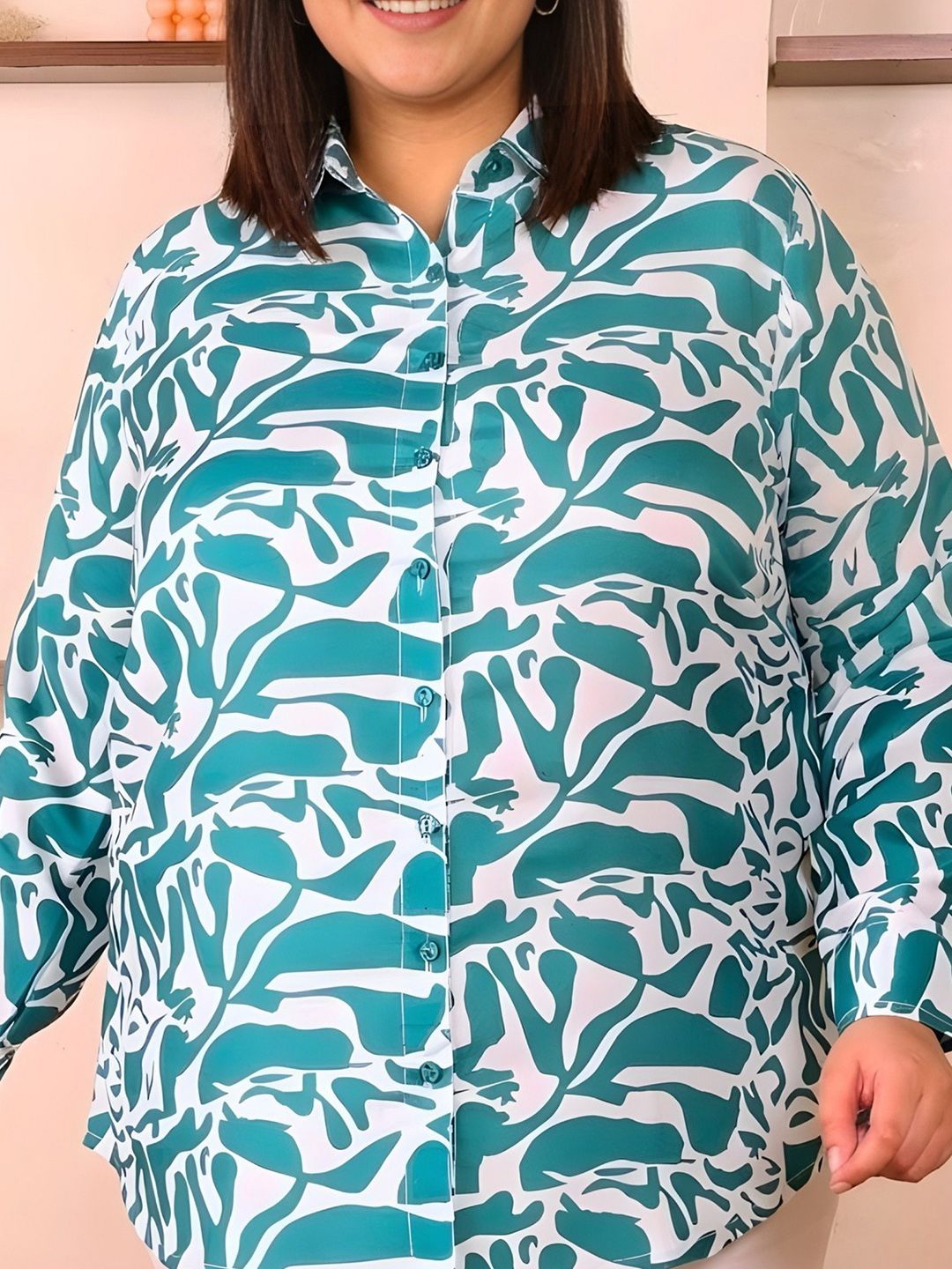 Green and White Abstract Plus Size Shirt — view 2