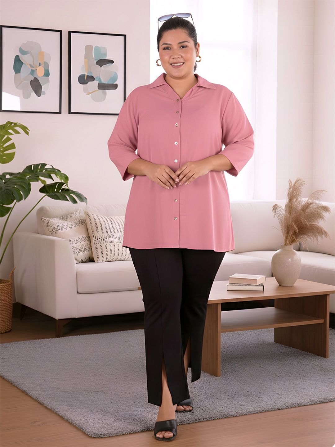 Pink Longline Plus Size Shirt — view 1