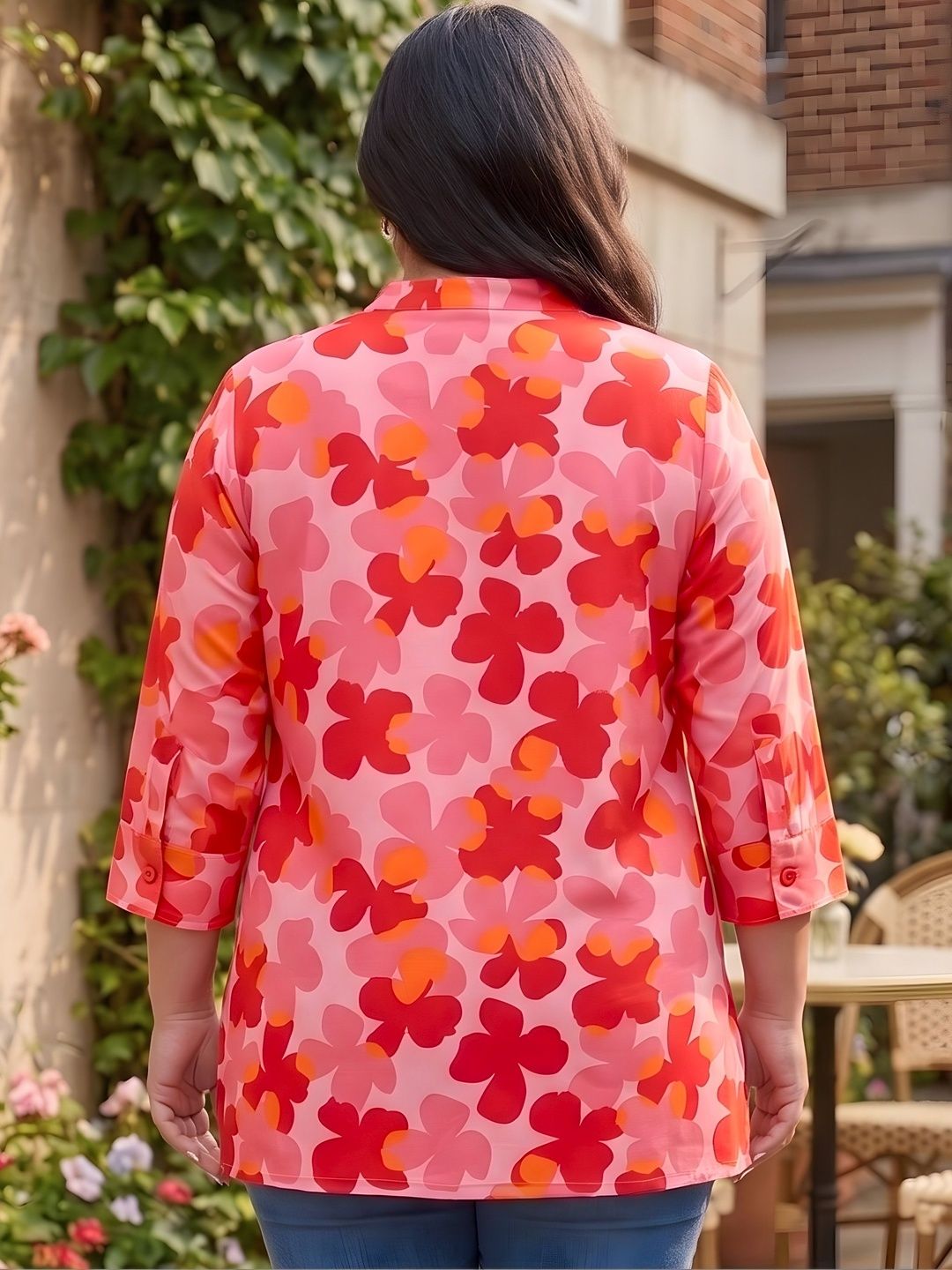 Red and Orange Floral Print Plus Size Tunic — view 2
