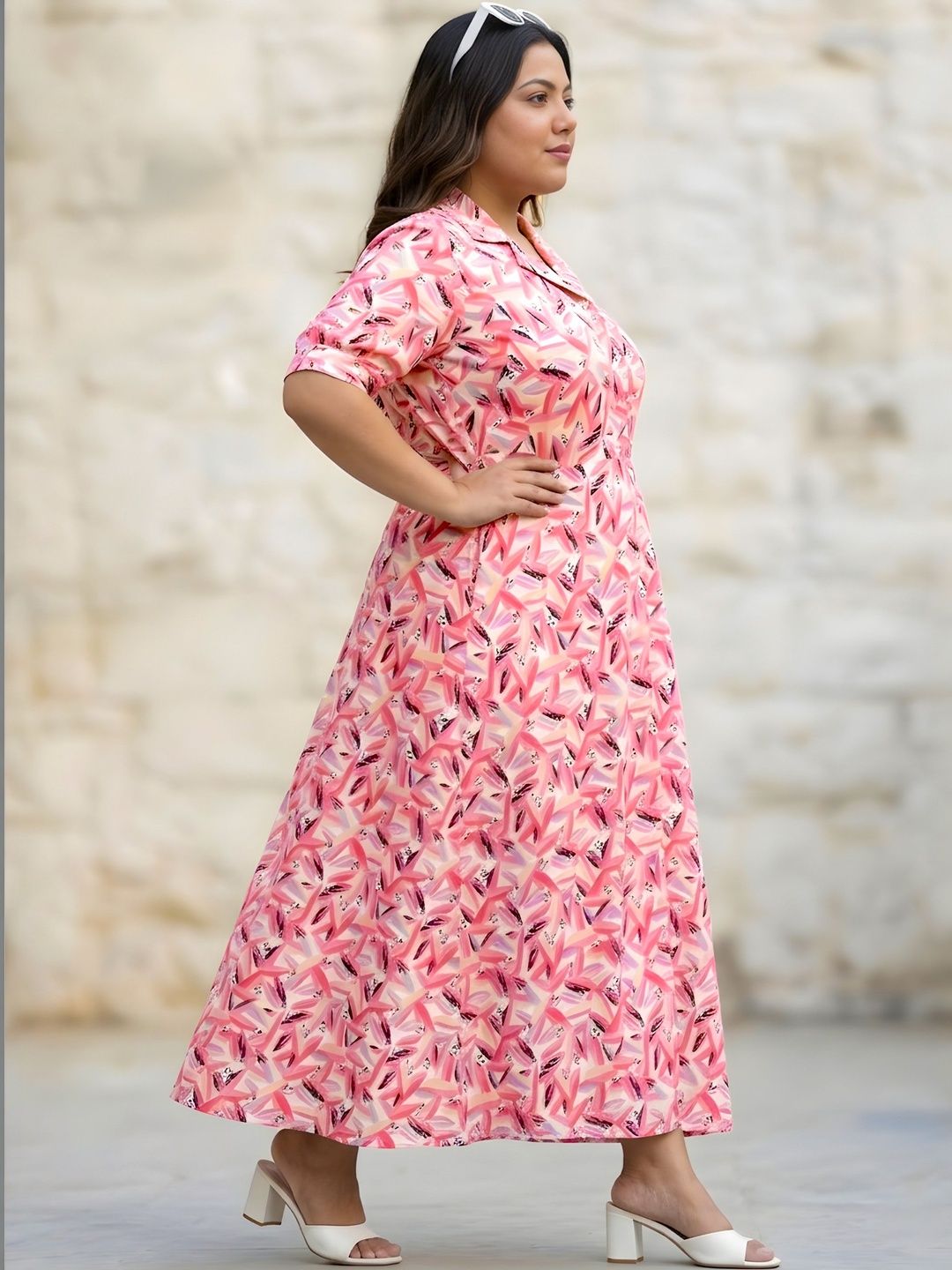 Pink Floral Print Plus Size Dress — view 3