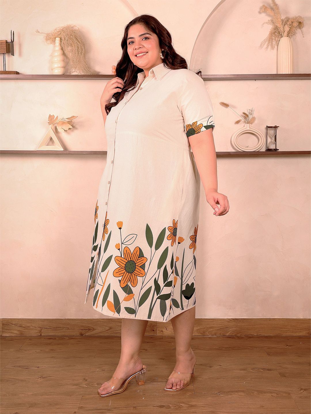 OffWhite Green Floral Cotton Midi Dress — view 4