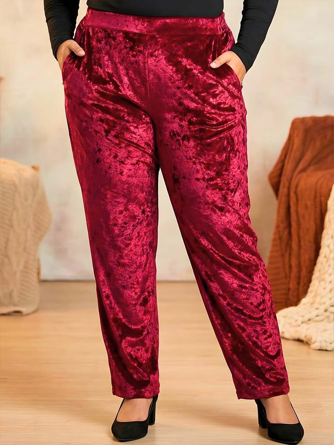 Maroon Velvet Plus Size Trousers — view 1