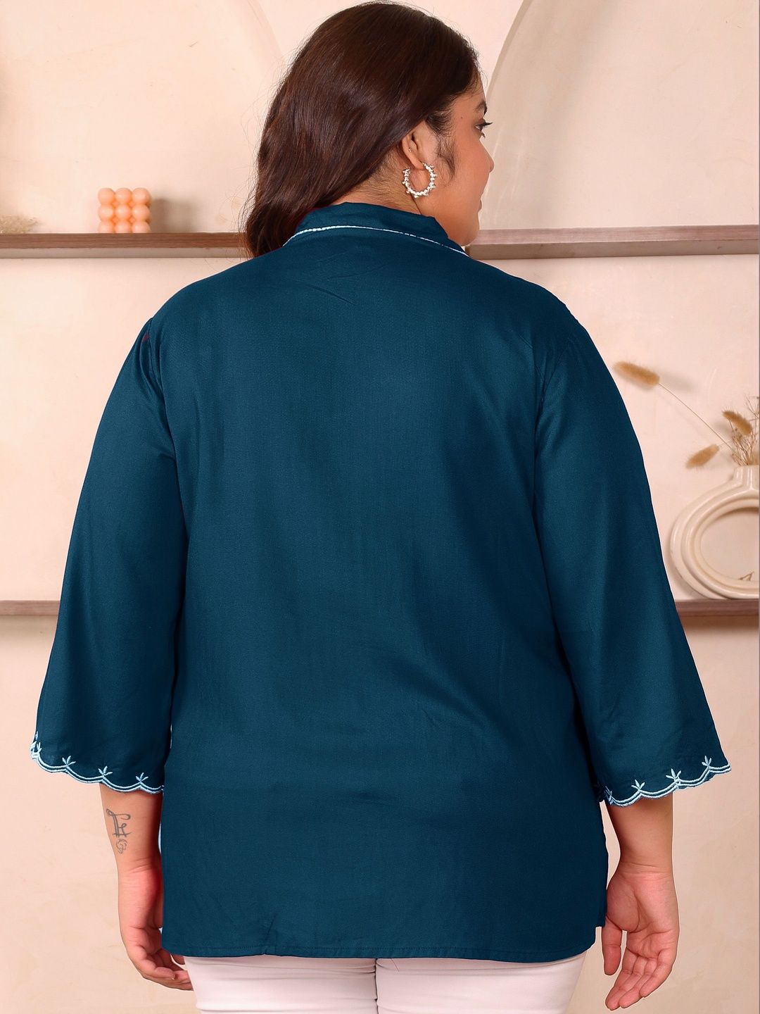 Peacock Blue Rayon Collar Embroidered Tunic — view 2