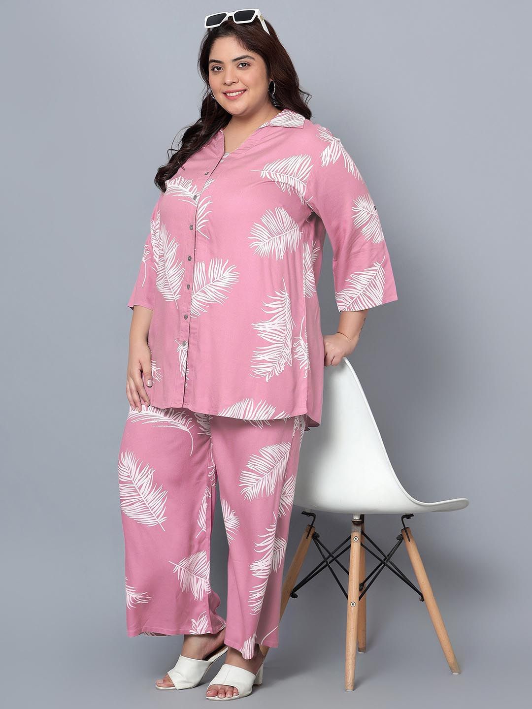 Pink Leaf Print Plus Size Co-Ord Set — view 6