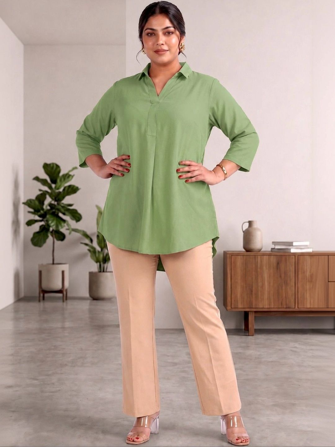 Green Rayon Centrepleat Longline Tunic — view 4