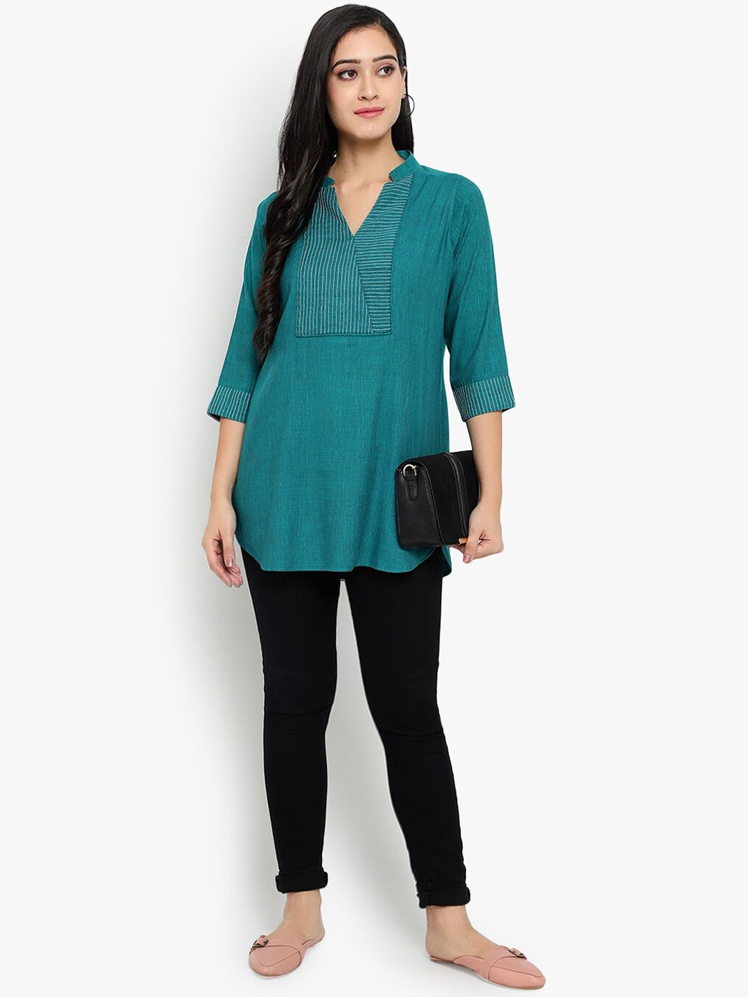 Turquoise Solid Embroidered Tunic — view 5