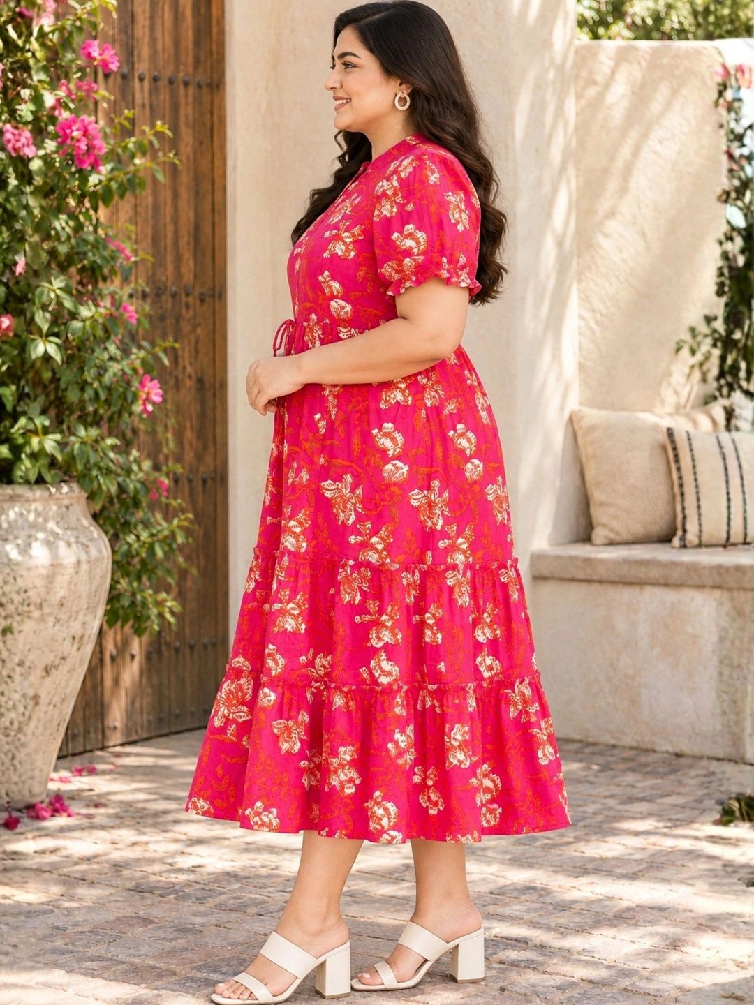 Orange Floral Tiered Plus Size Dress — view 4