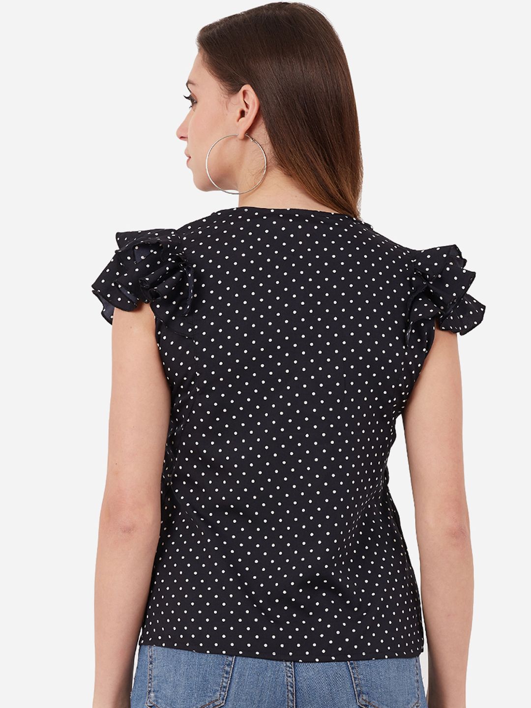 Black Polka Dot Buttoned Ruffle Top — view 9