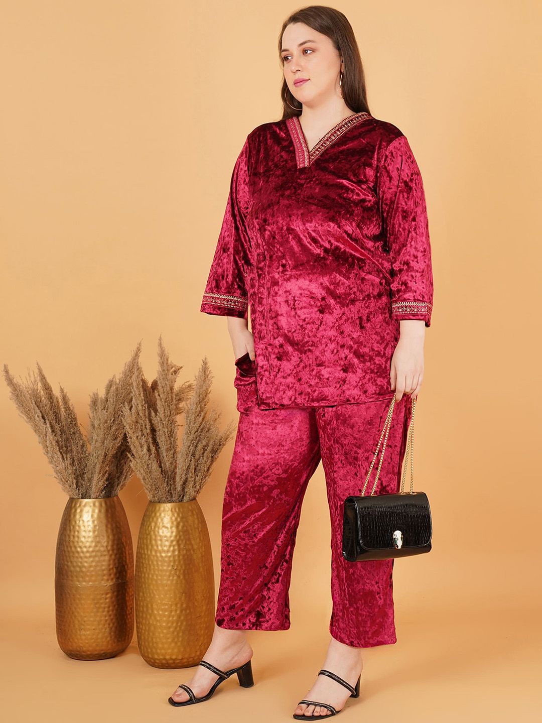 Maroon Velvet Plus Size Co Ord Set — view 6