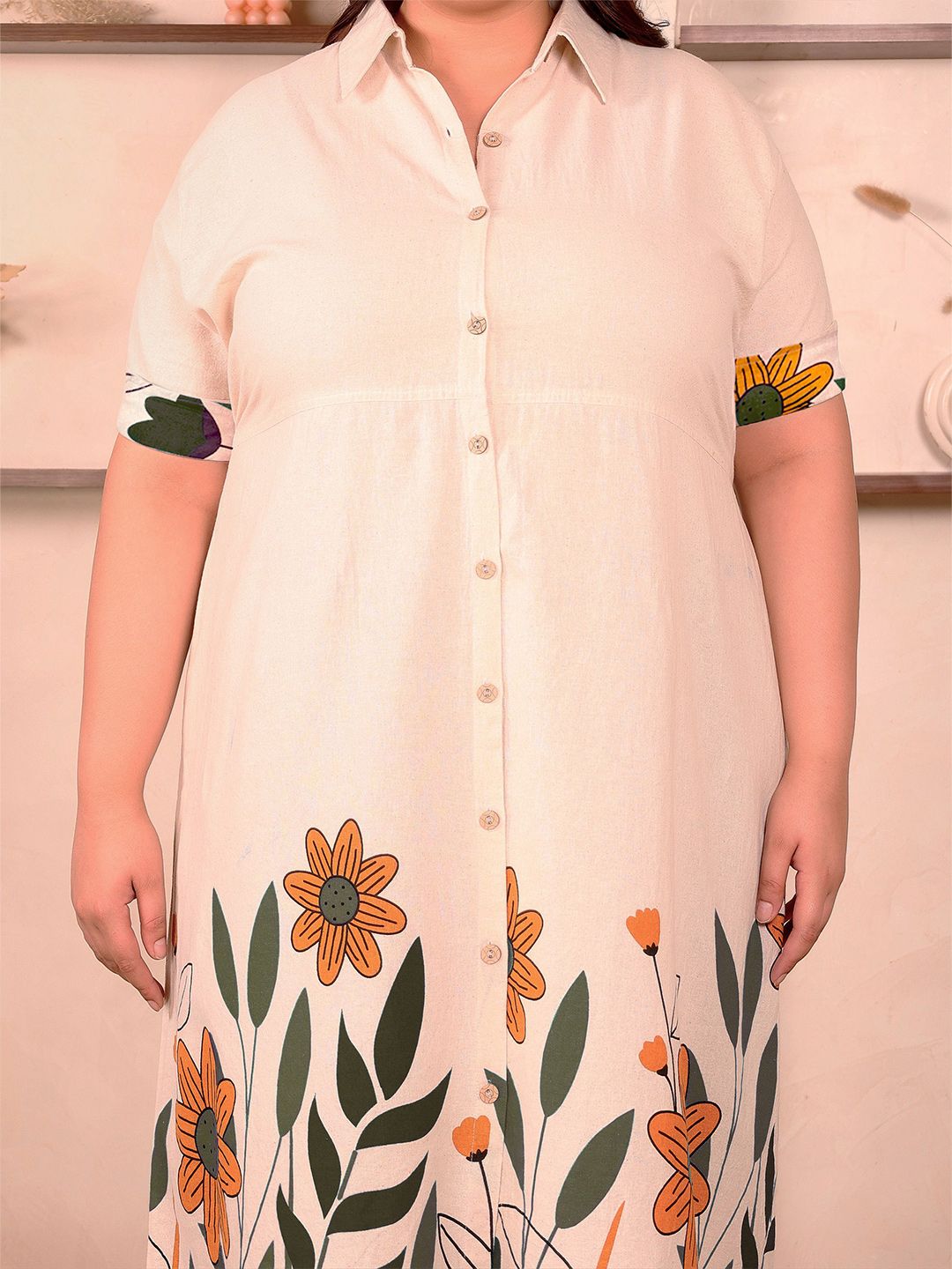 OffWhite Green Floral Cotton Midi Dress — view 2