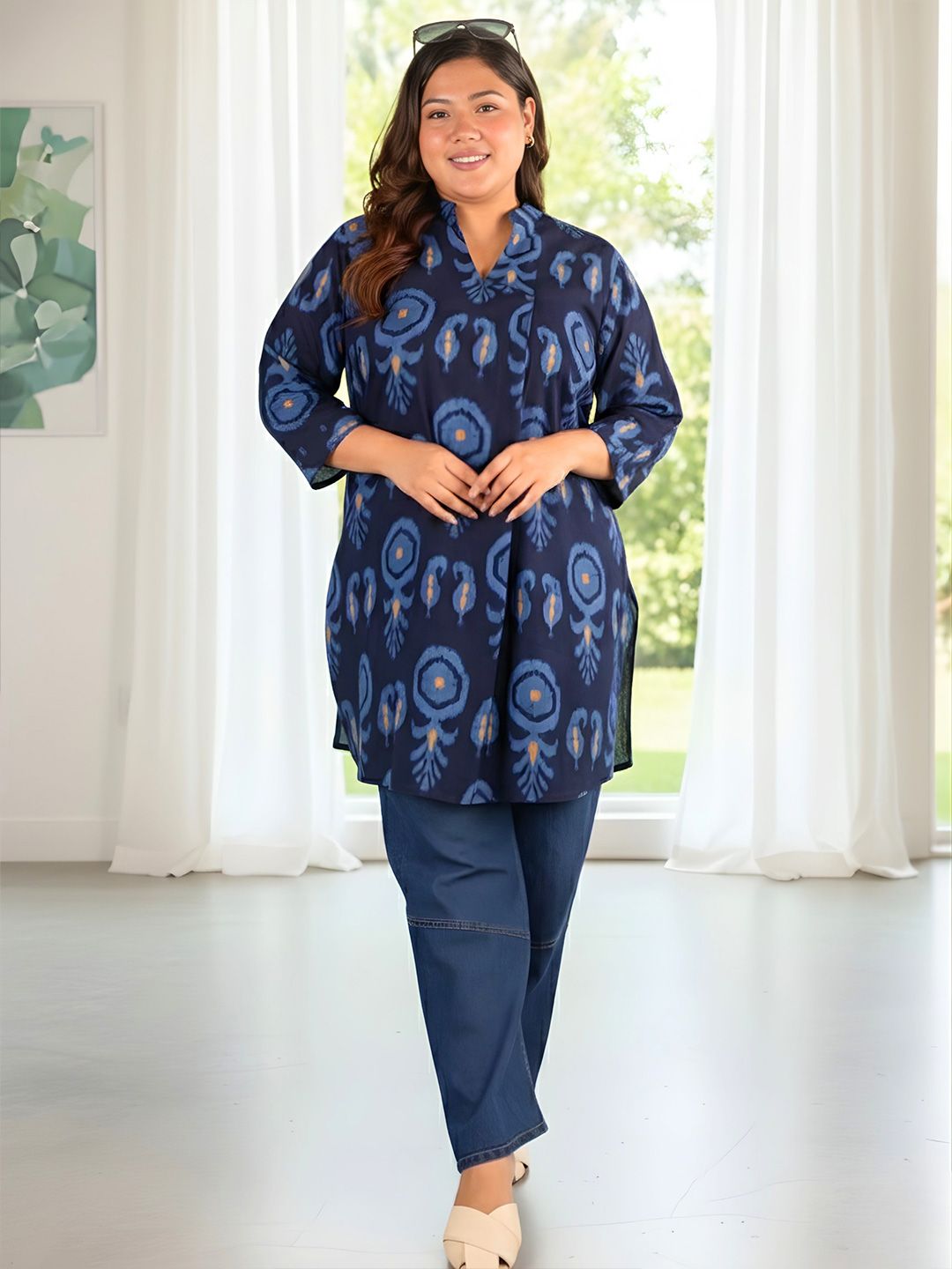 Indigo Blue Cotton Print Plus Size Tunic — view 6