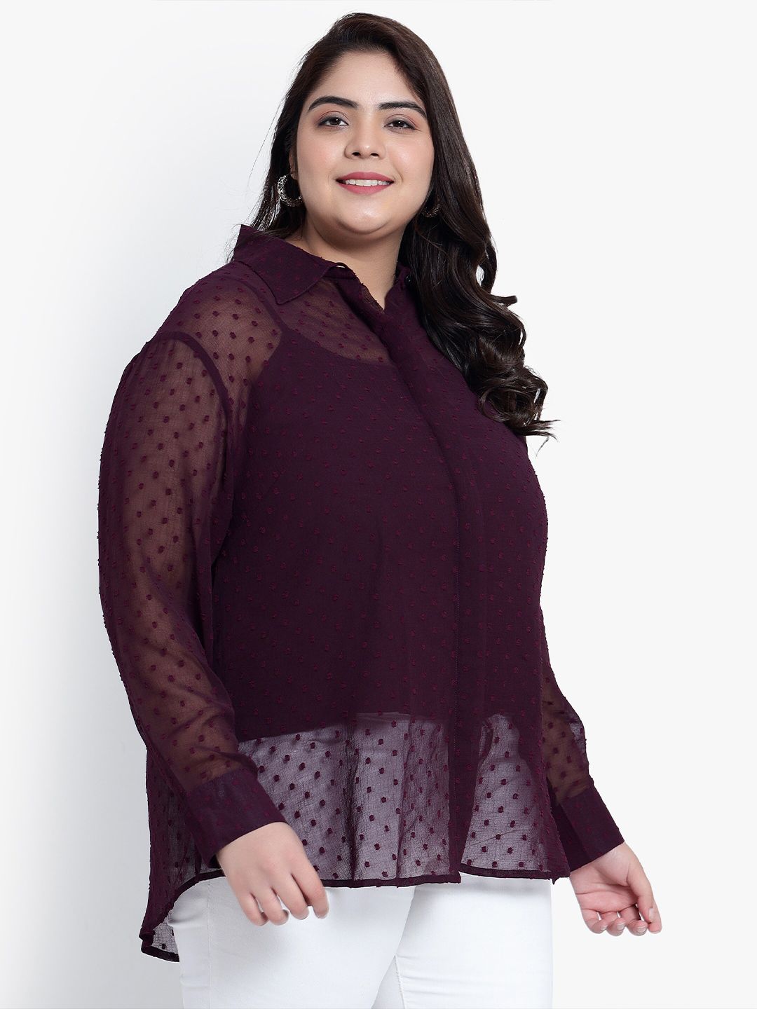 Purple Dobby Sheer Plus Size Shirt with Slip — view 3