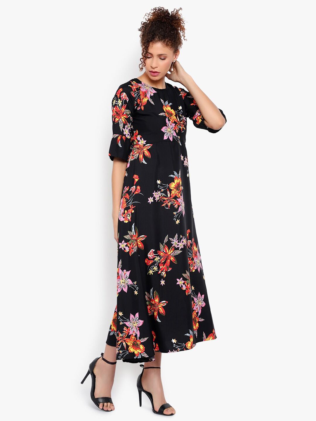 Black and Orange Floral Print Dress — view 3